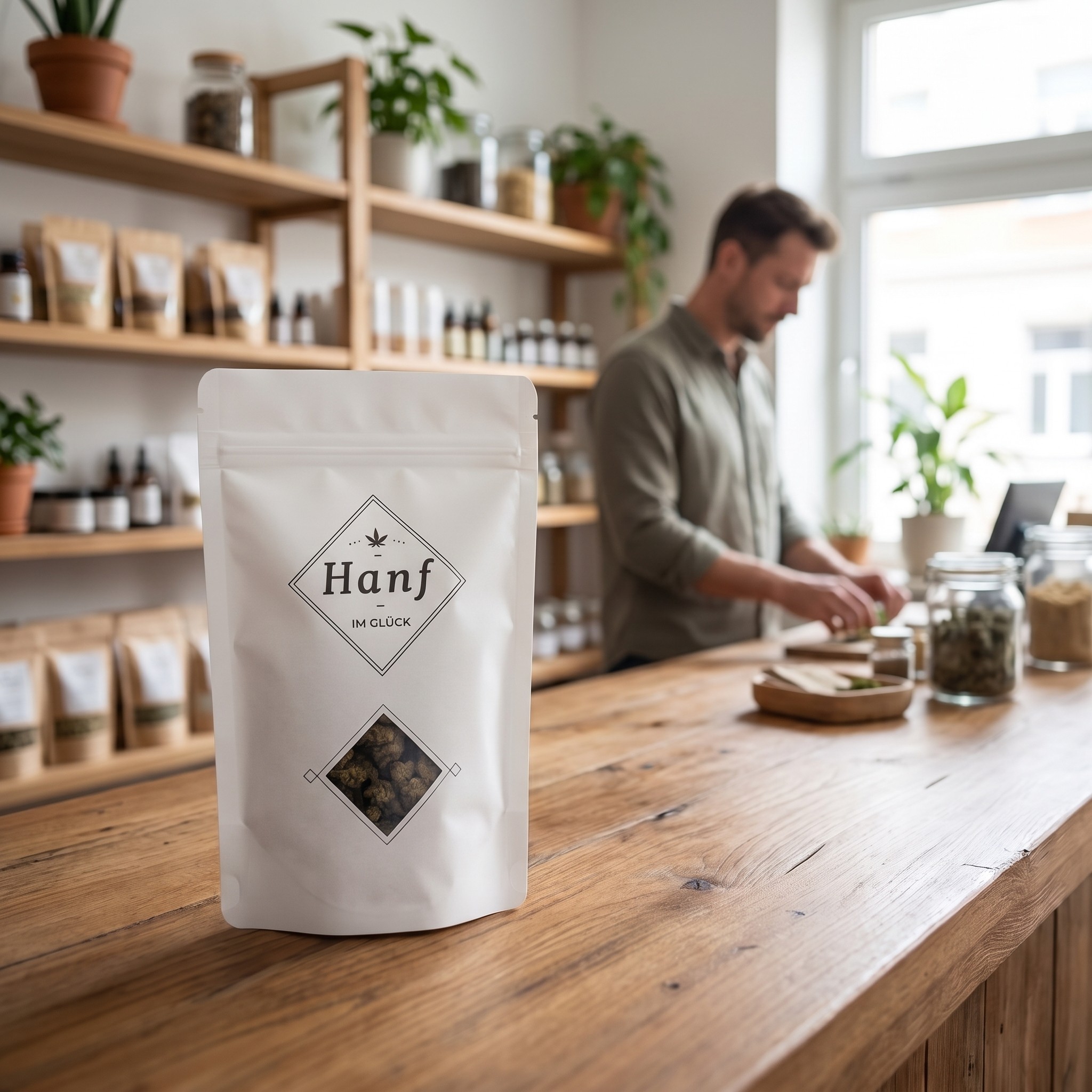 42g Blüten Spezial – Weißer Hanf-im-Glück Standbeutel mit CBD-Blüten auf der Holztheke eines Fachgeschäfts