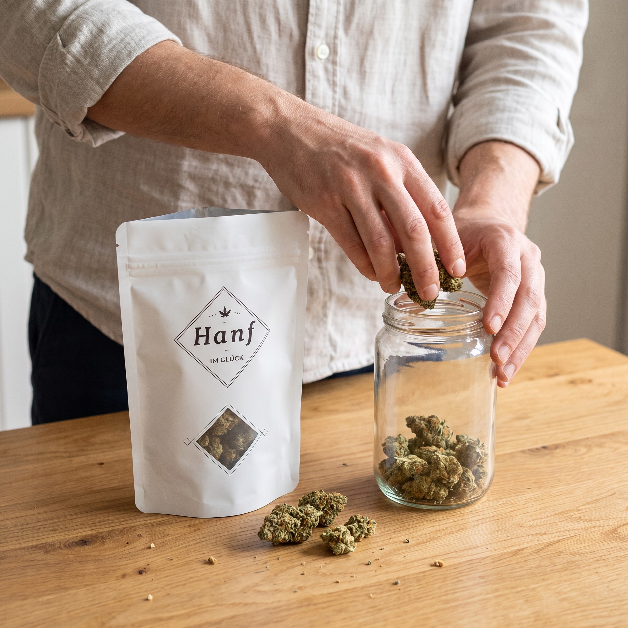 42g Blüten Spezial – Erwachsener füllt CBD-Blüten aus dem weißen Beutel in ein Vorratsglas