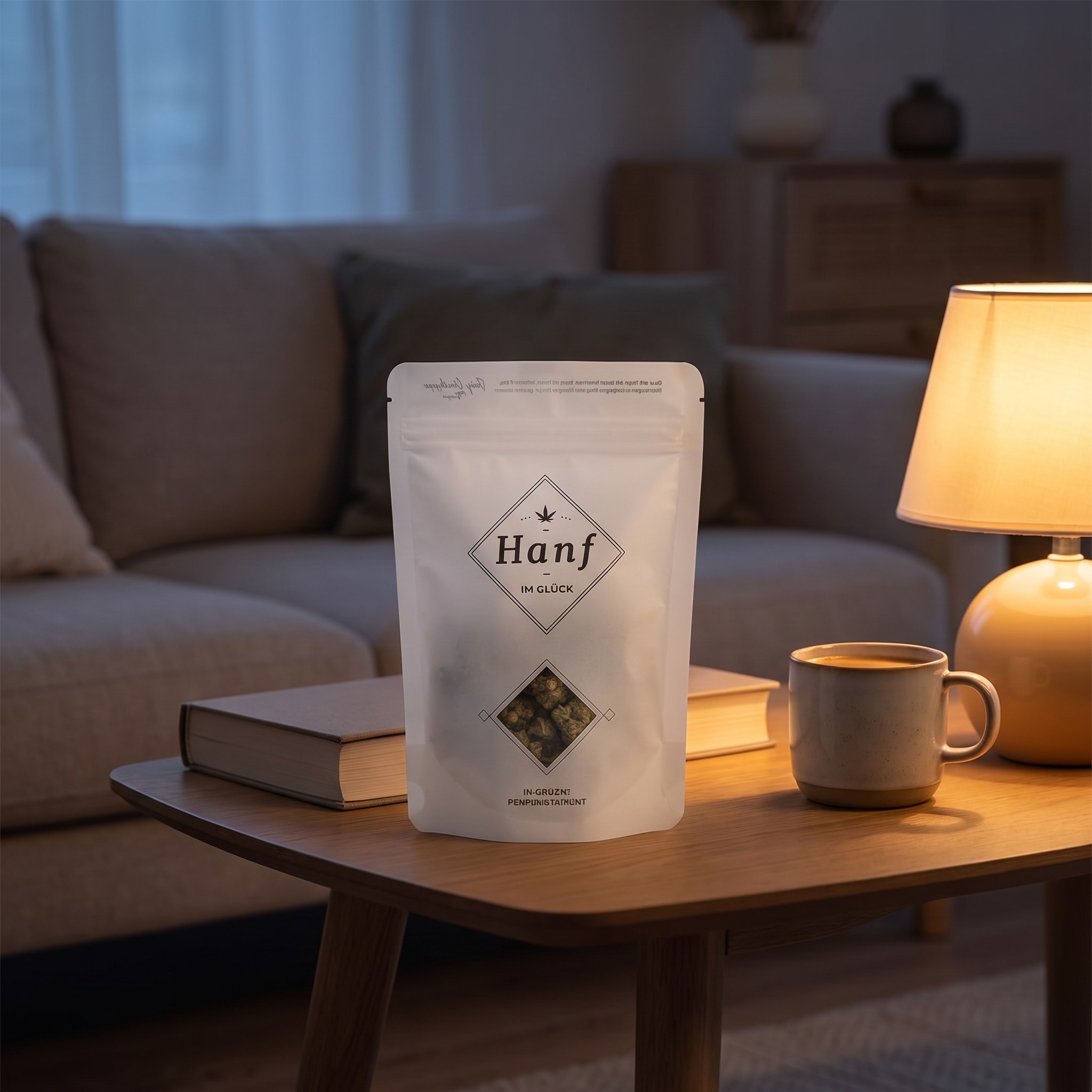 42g Blüten Spezial – Weißer 42g-Blütenbeutel steht auf einem Couchtisch im Wohnzimmer