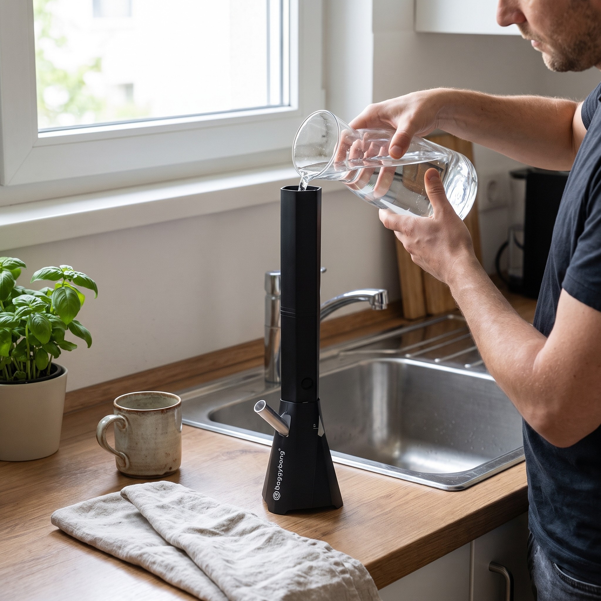 Baggybong – Erwachsene füllt die Baggybong an der Küchenzeile mit Wasser