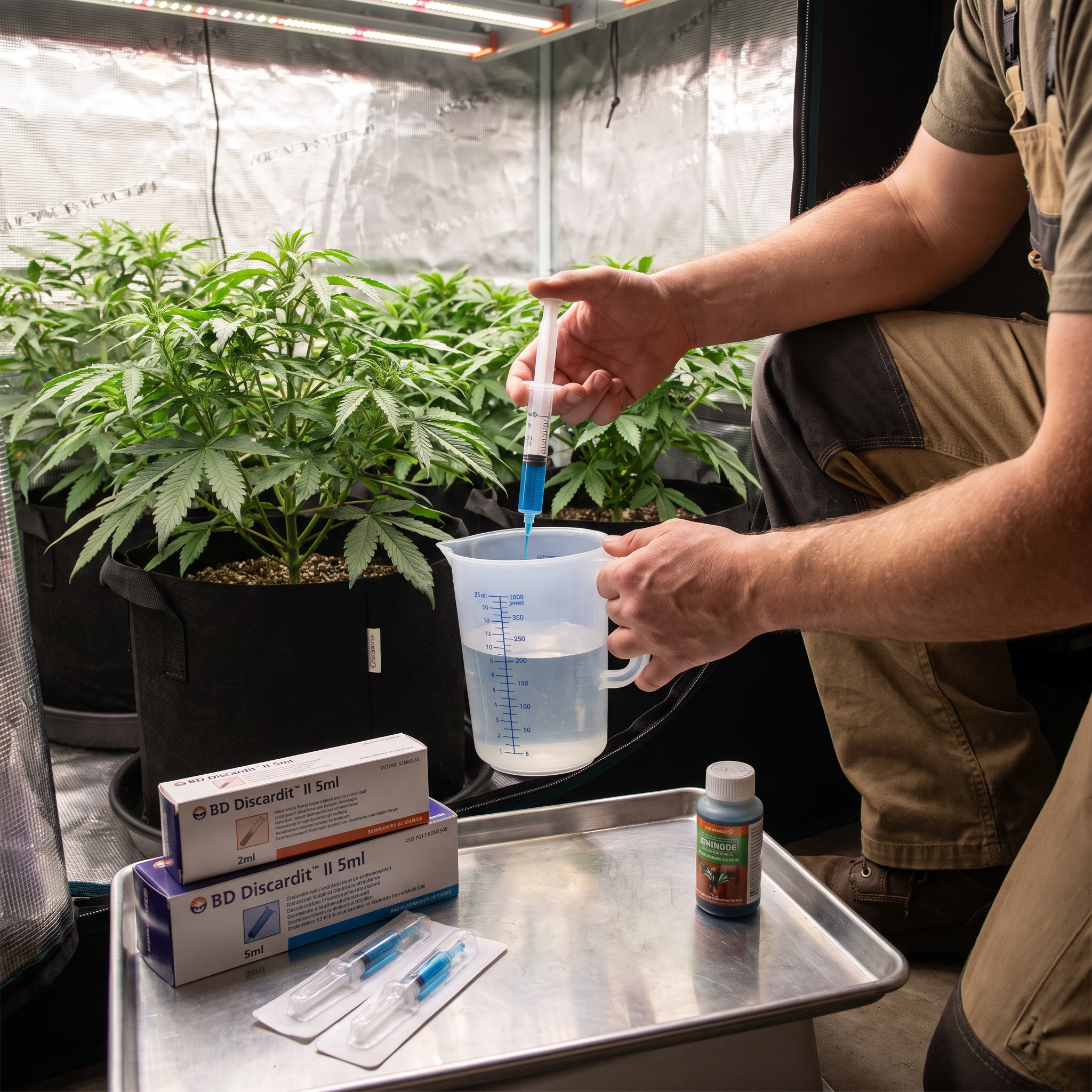 BD Discardit Einmalspritzen – BD Discardit Einmalspritzen beim Dosieren ins Gießwasser im Homegrow-Zelt