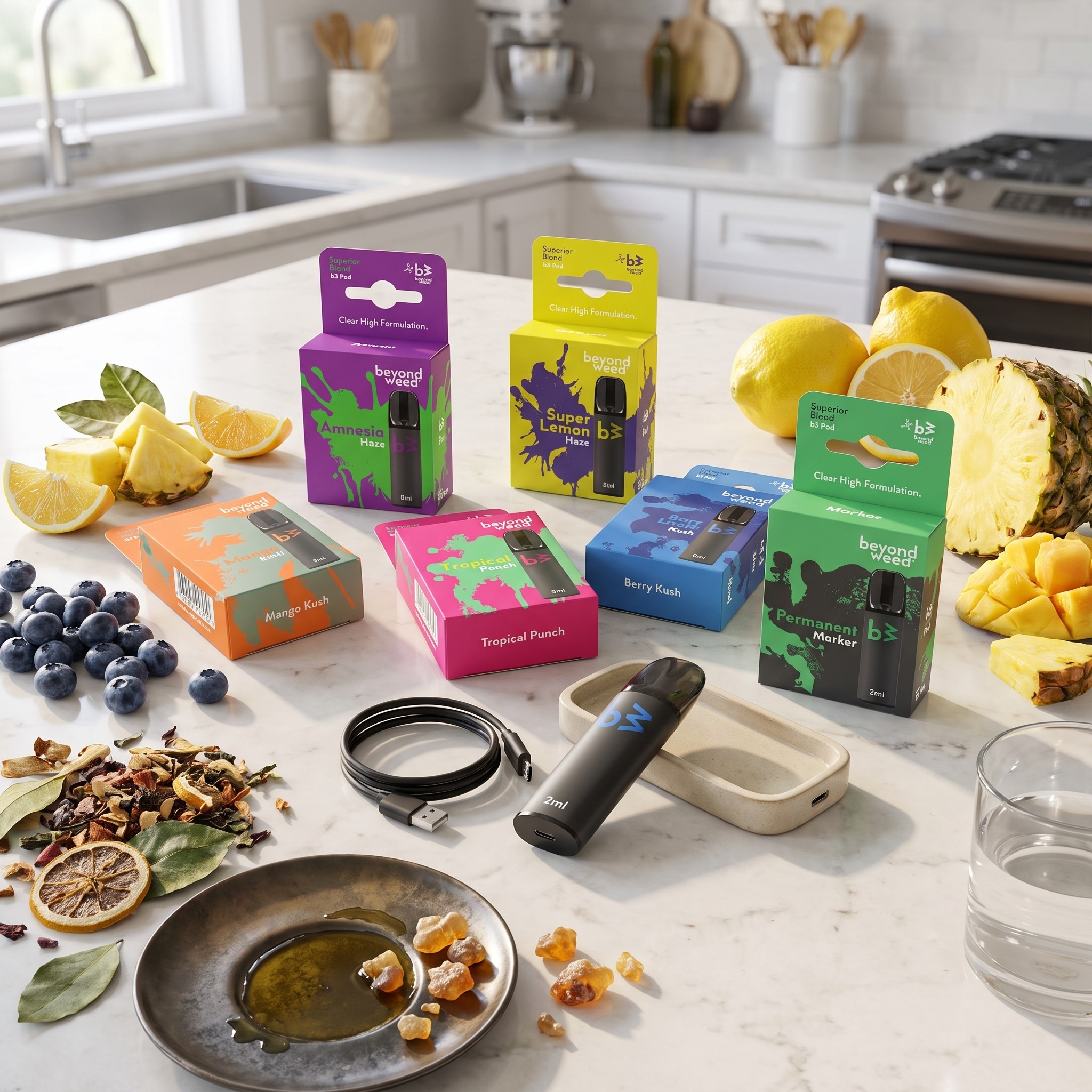 Beyond Weed B3 Pods – Beyond Weed B3 Pods als Stillleben auf der Kücheninsel mit Aromafrüchten