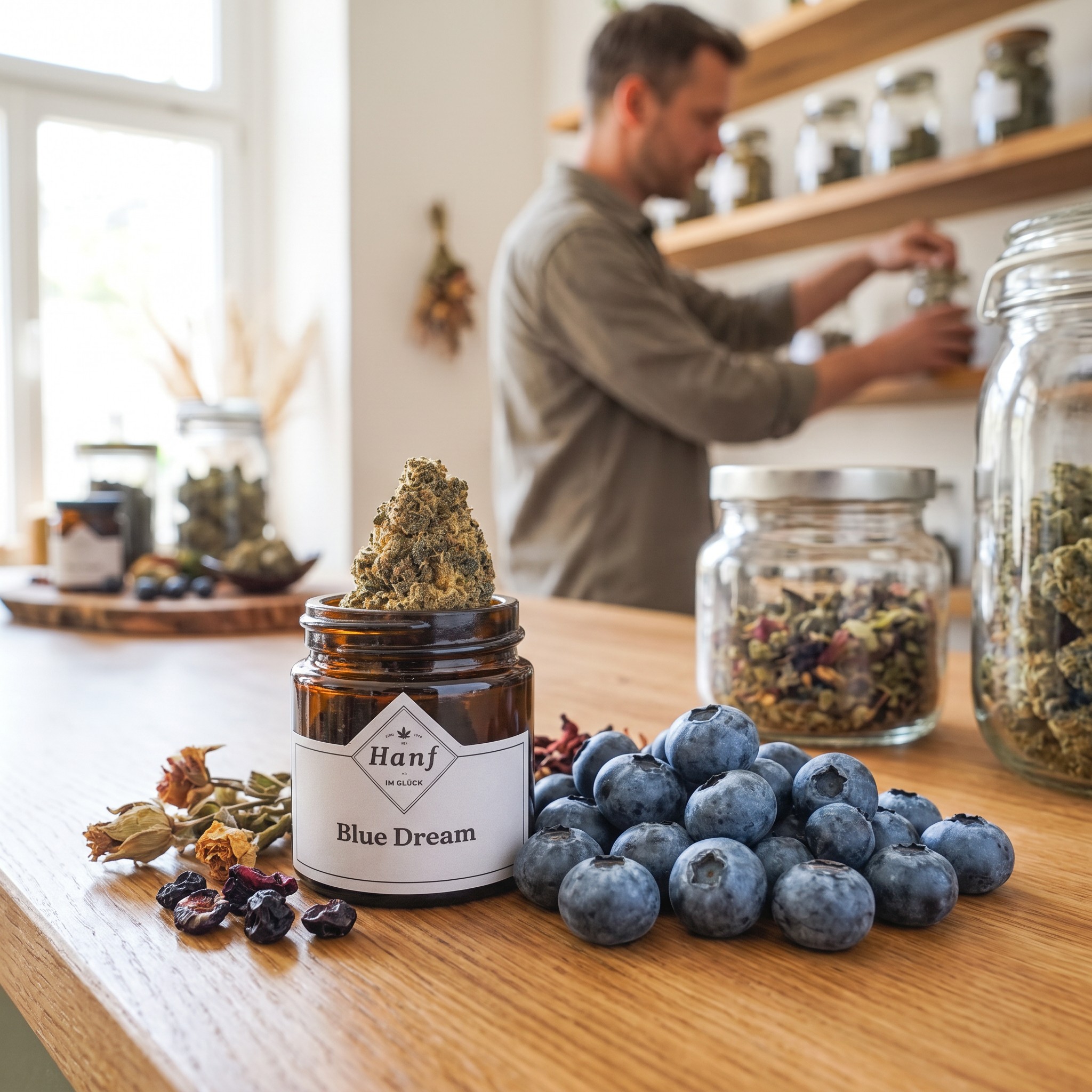 Blue Dream – Blue Dream Glas auf der Theke eines Hanf-Fachgeschäfts neben reifen Blaubeeren