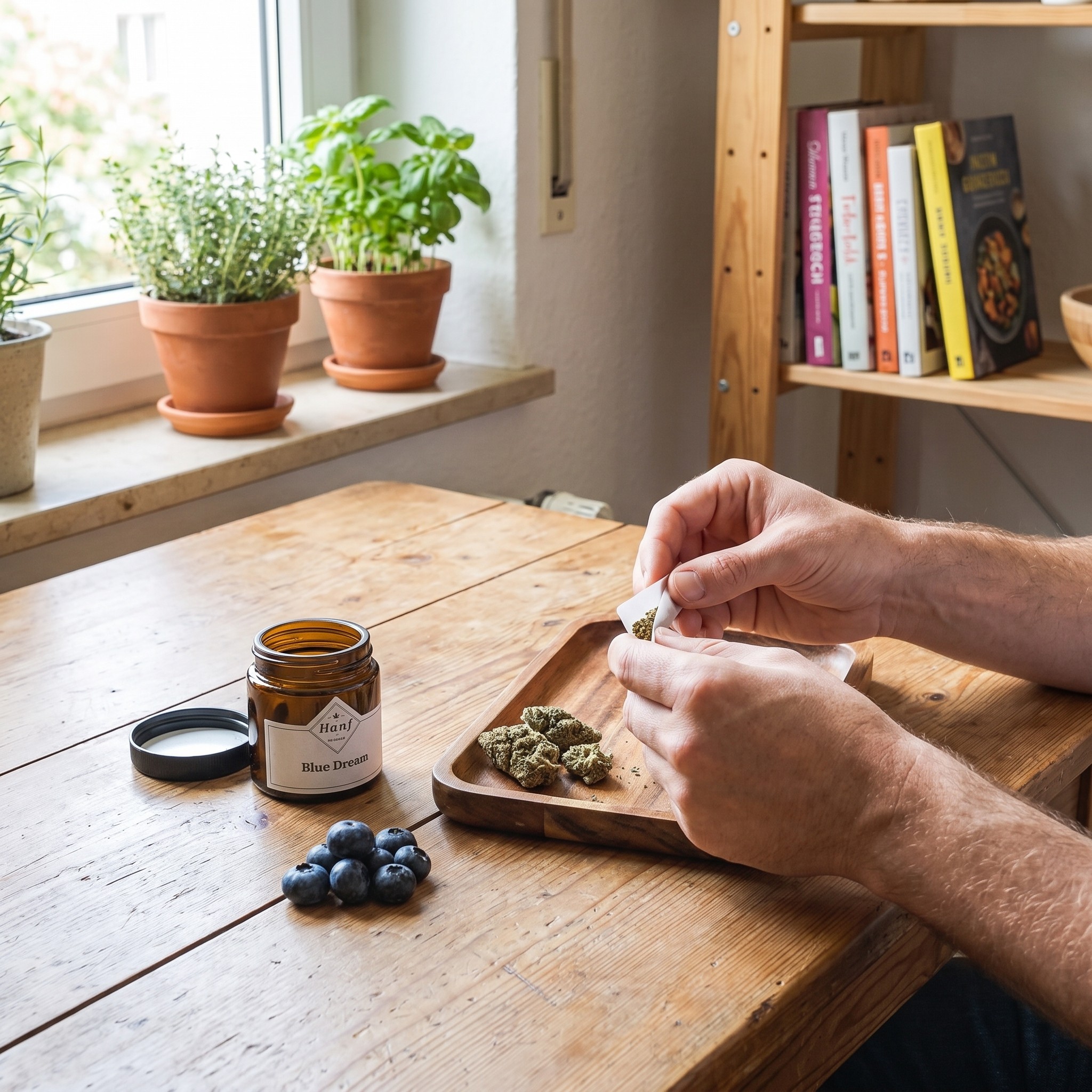 Blue Dream – Blue Dream Glas neben einem Drehtablett auf dem Küchentisch beim Papers drehen