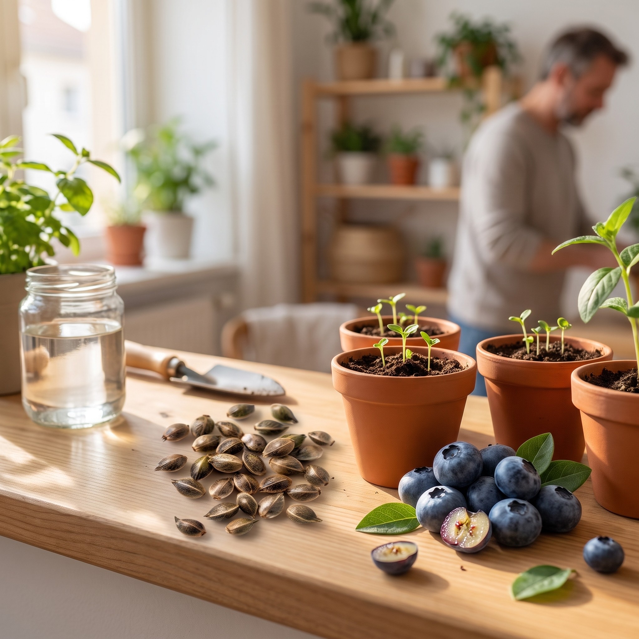 Blueberry Automatic Samen – Blueberry Automatic Samen auf der Fensterbank neben Anzuchttöpfen und frischen Blaubeeren