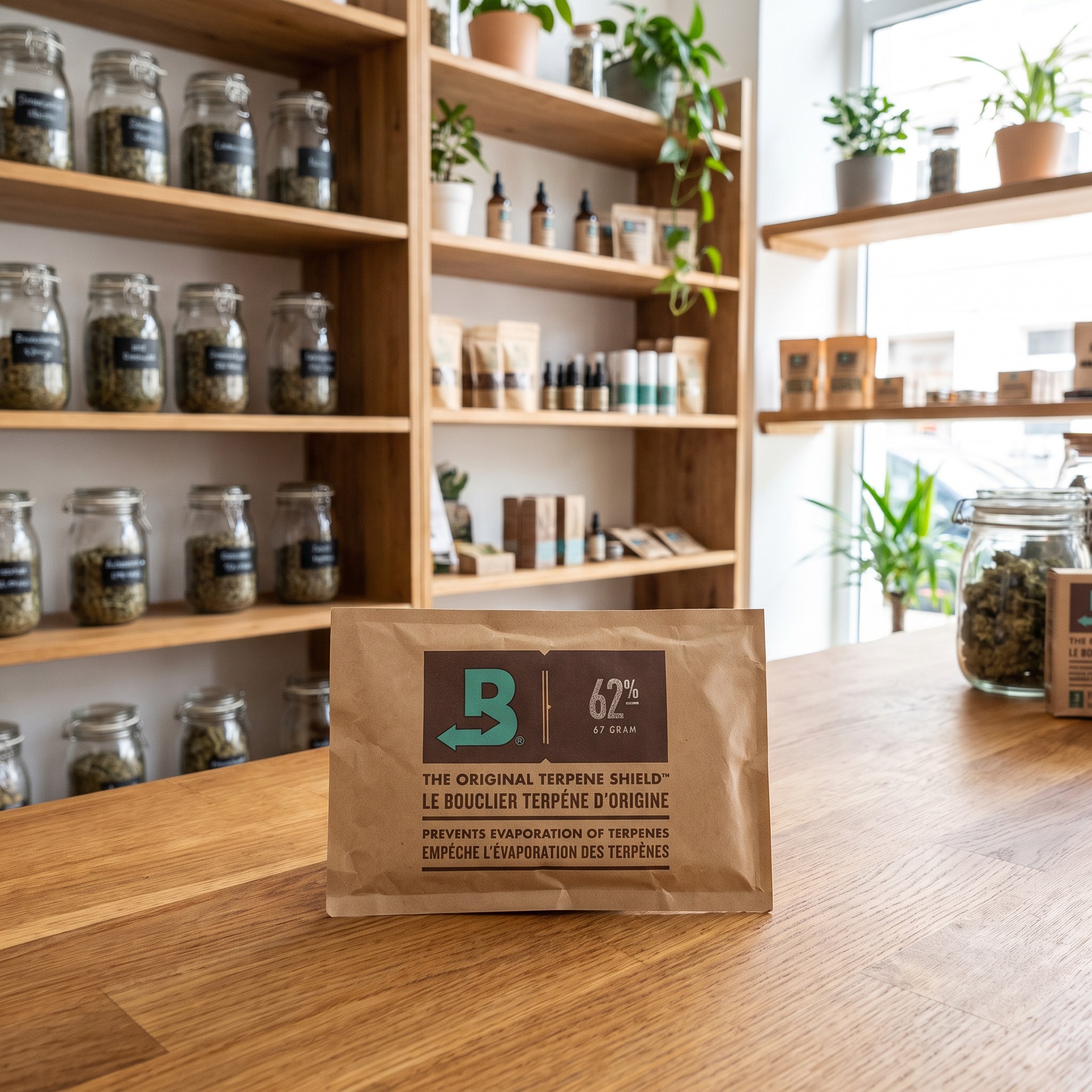 Boveda Hygro-Pack 62% – Boveda Hygro-Pack liegt auf der Holztresen im Fachgeschäft
