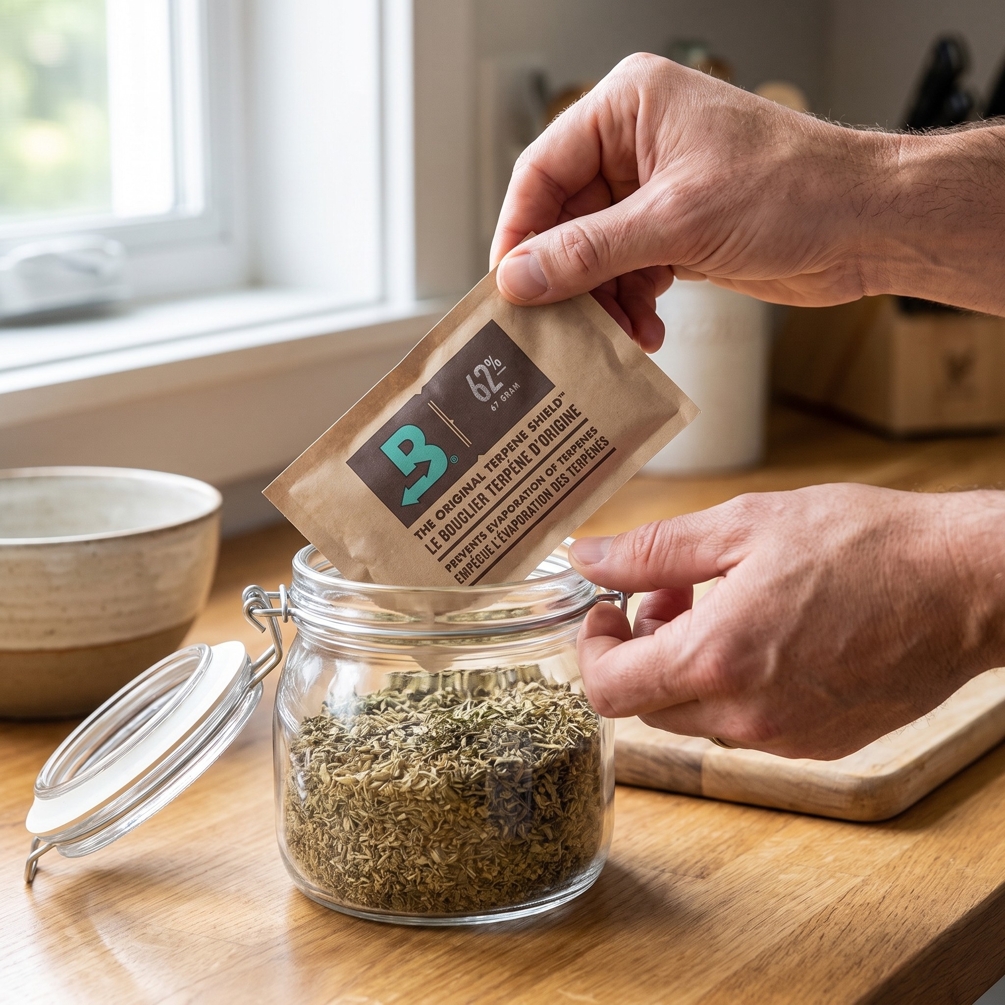 Boveda Hygro-Pack 62% – Erwachsene Person legt das Hygro-Pack in ein Vorratsglas
