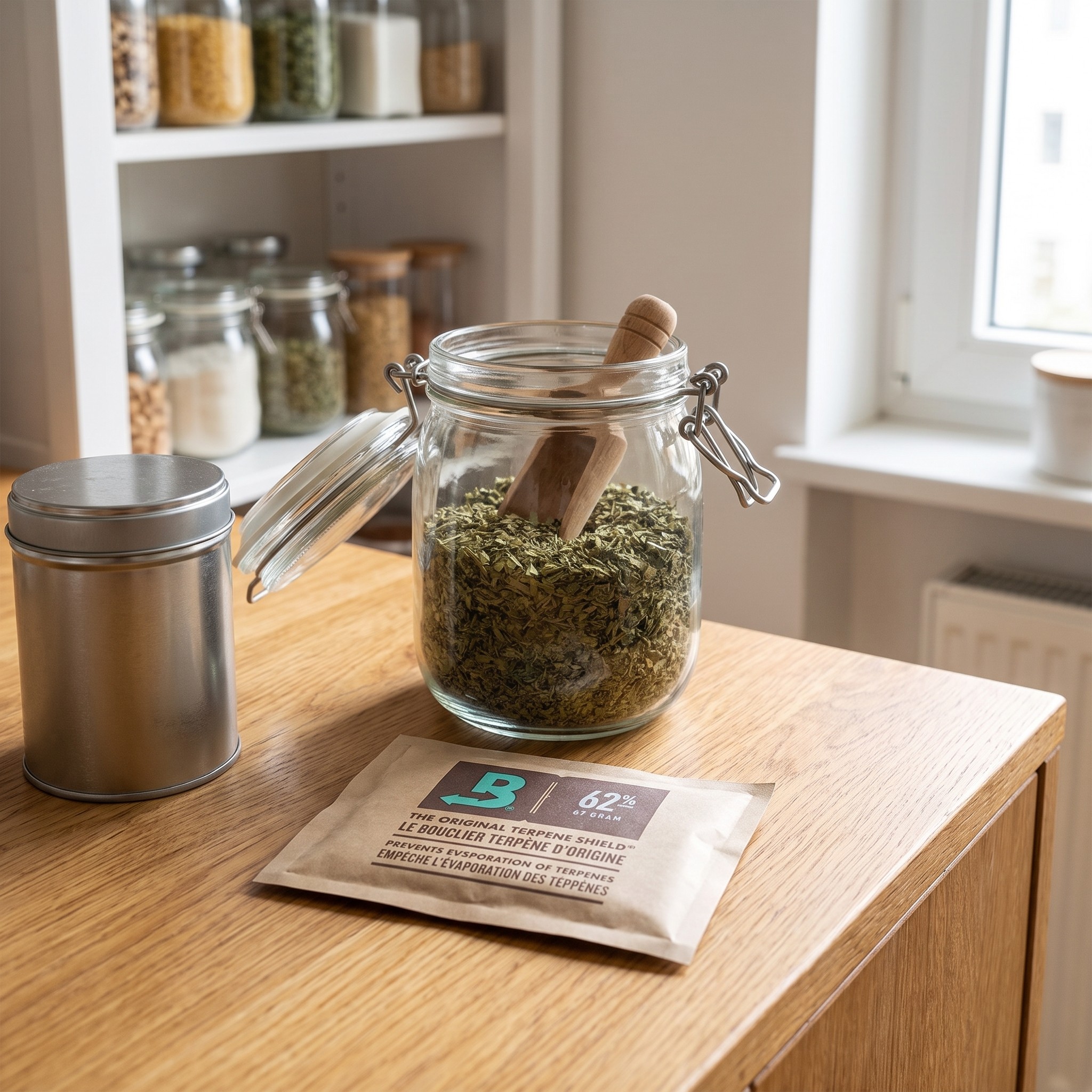 Boveda Hygro-Pack 62% – Boveda Hygro-Pack neben Vorratsglas mit Kräutern auf der Anrichte