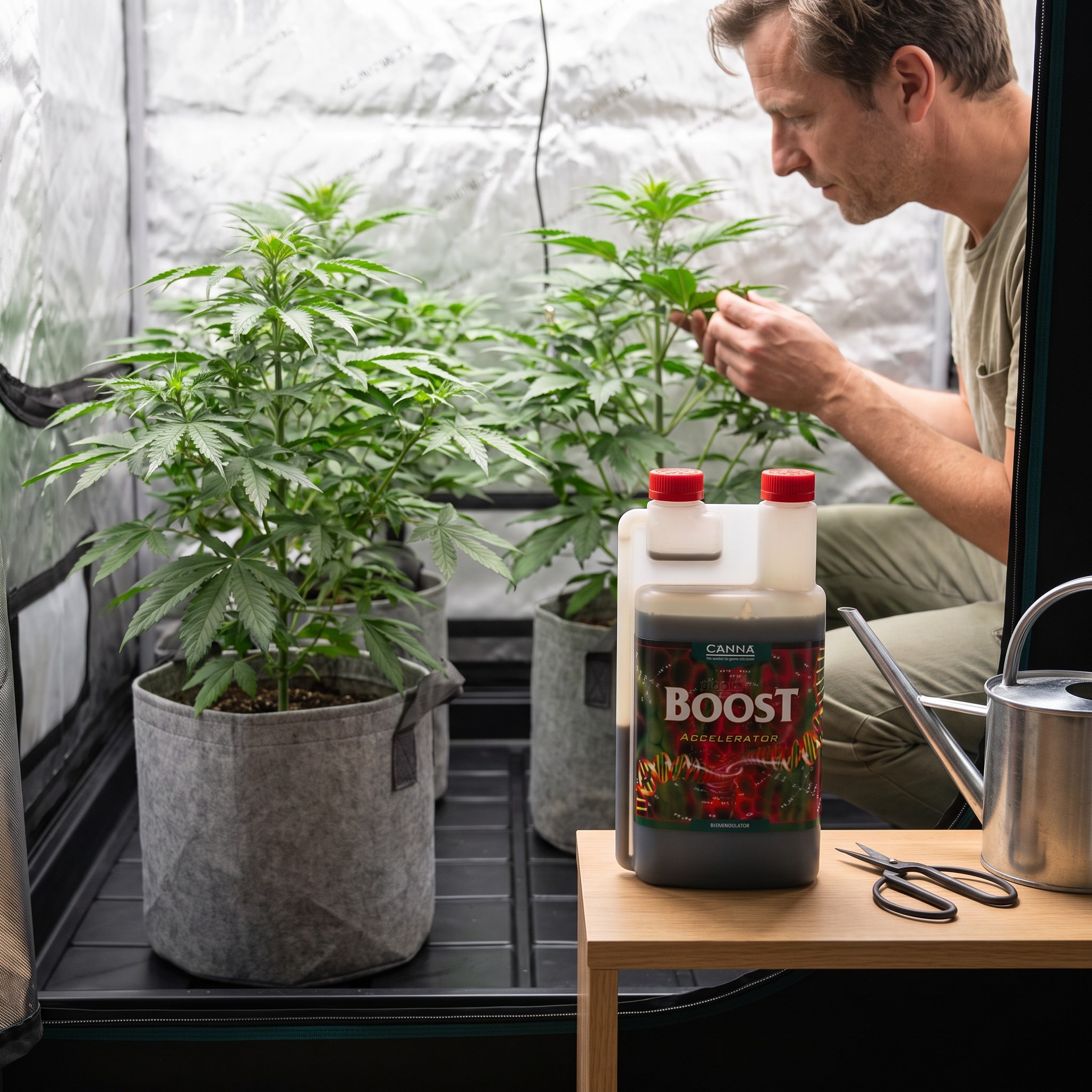 Canna Boost – Canna Boost Flasche steht in einem sauberen Homegrow-Zelt