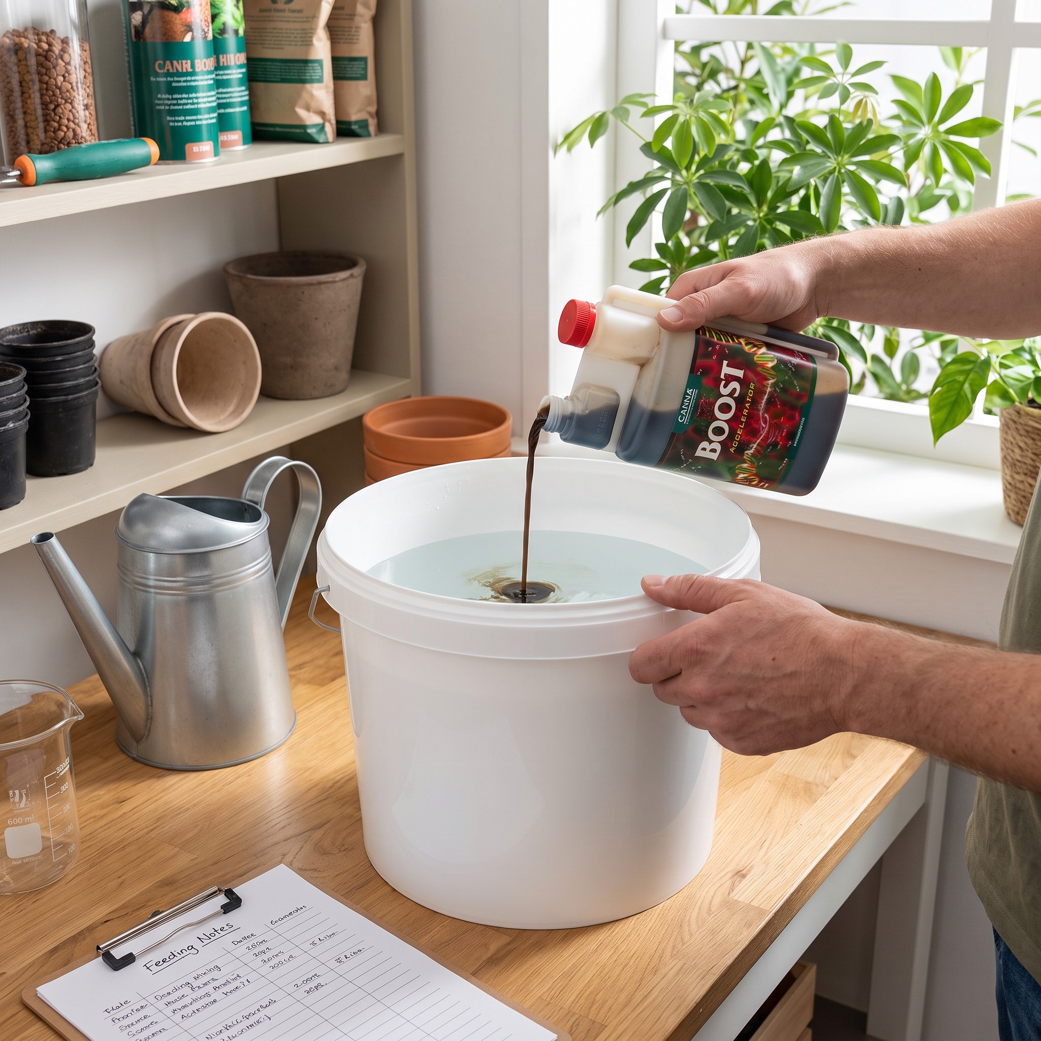 Canna Boost – Erwachsener dosiert Canna Boost in einen Wassereimer