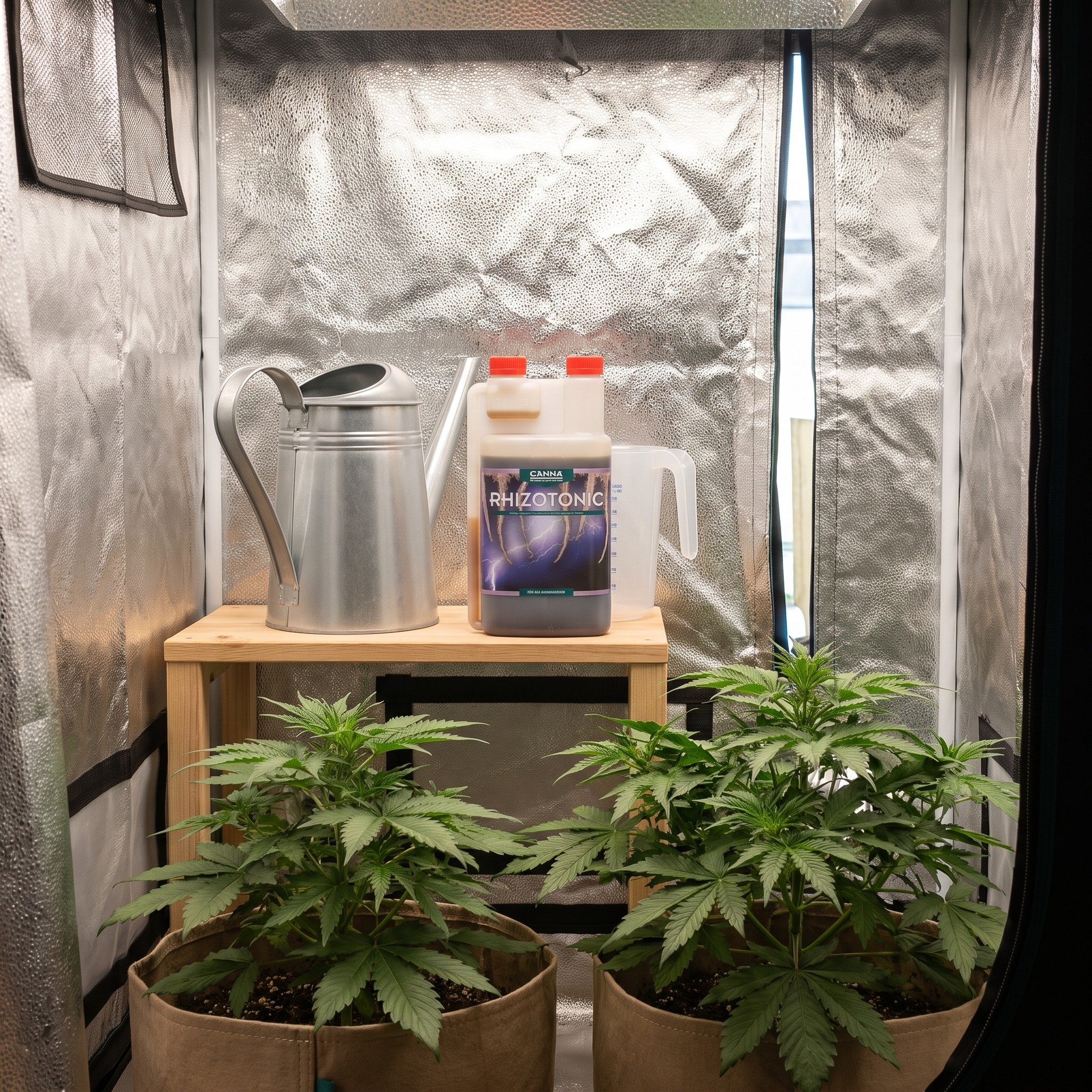 Canna Rhizotonic – Canna Rhizotonic Flasche steht in einem aufgeräumten Homegrow-Zelt