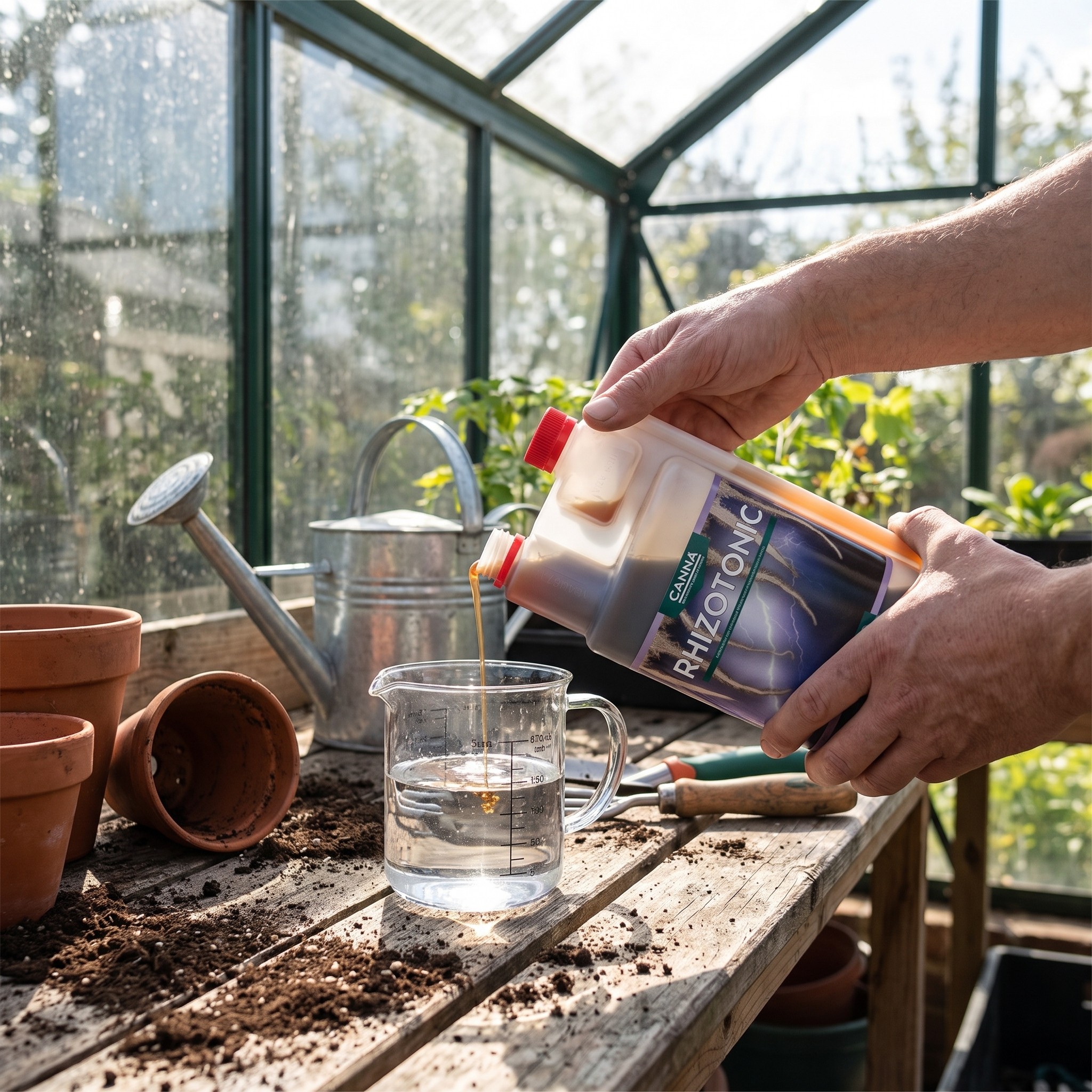 Canna Rhizotonic – Erwachsener dosiert Canna Rhizotonic in eine Kanne auf der Umtischbank