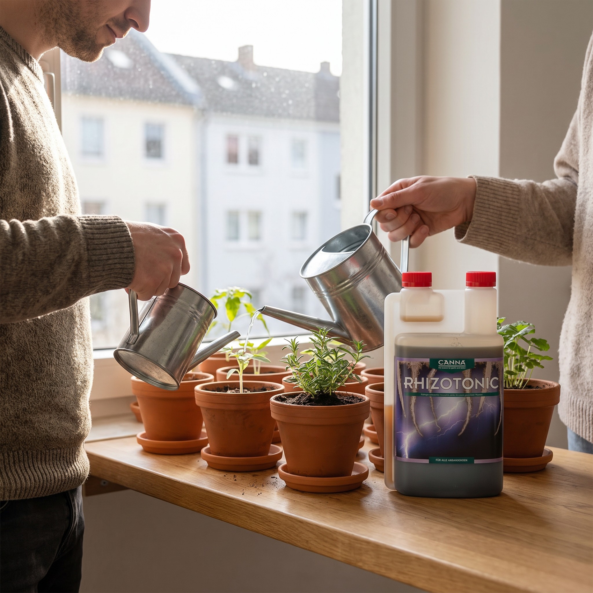 Canna Rhizotonic – Canna Rhizotonic auf der Fensterbank neben frisch gegossenen Setzlingen