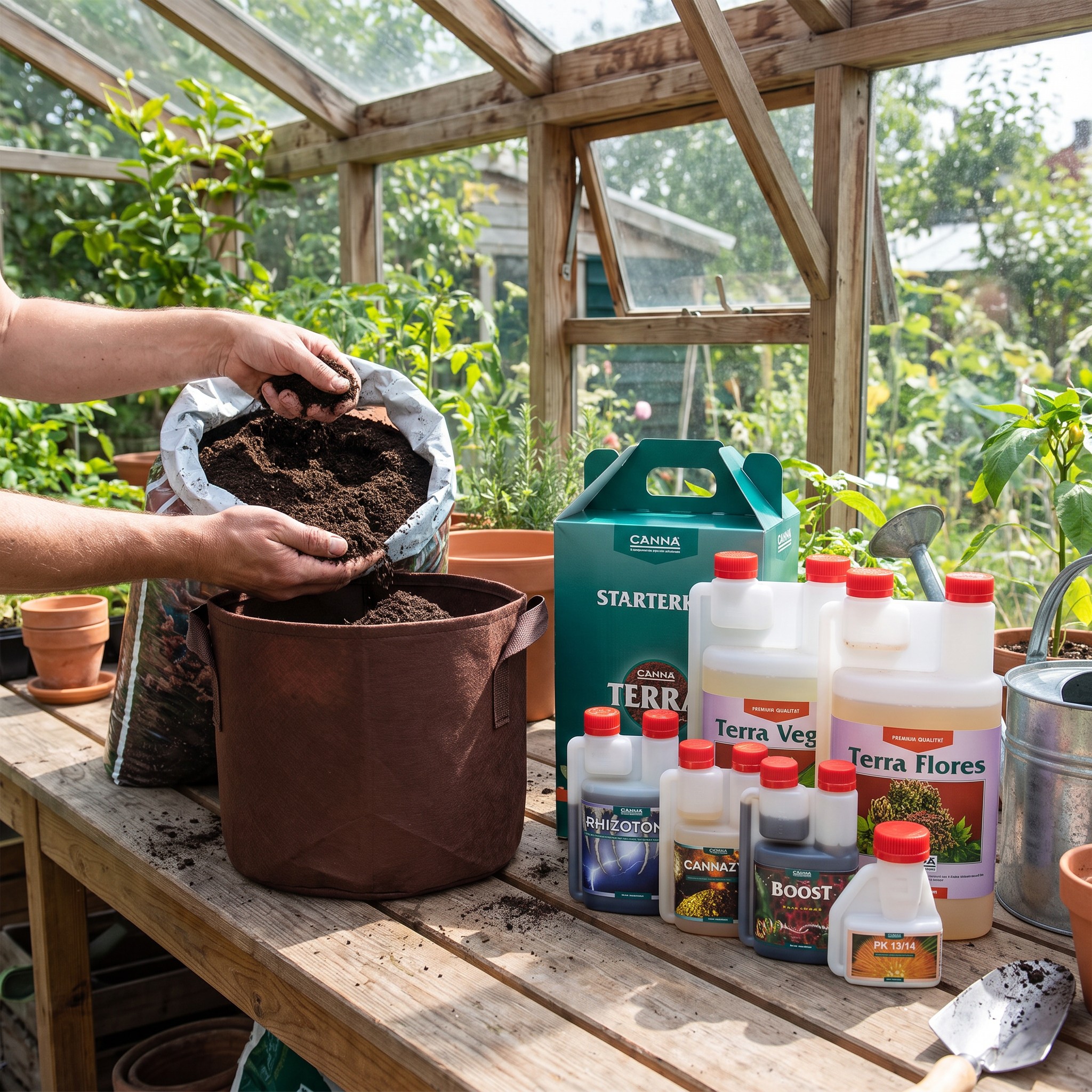 Canna Terra StarterKit – Canna Terra StarterKit auf der Gewächshaus-Umtischbank beim Befüllen eines Pflanztopfs