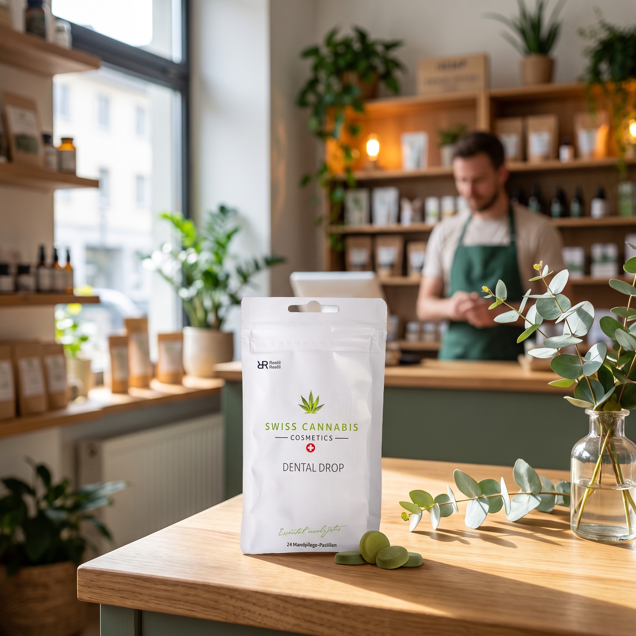 CBD Drops RoelliRoelli – CBD-Drops-Beutel auf der Holztheke eines Hanf-Fachgeschäfts