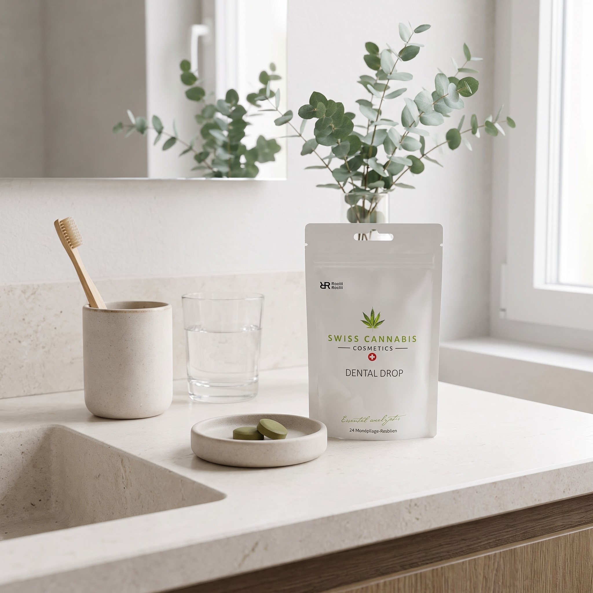 CBD Drops RoelliRoelli – CBD-Drops mit Eukalyptus und Pastillen am Waschtisch