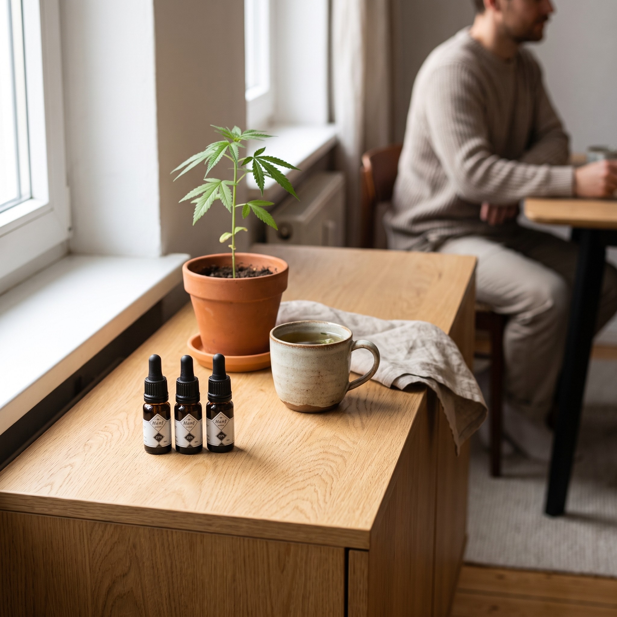 CBD Öl 25% Bundle – Drei CBD-Öl-Pipettenflaschen auf einem Holzsideboard am Fenster im Morgenlicht