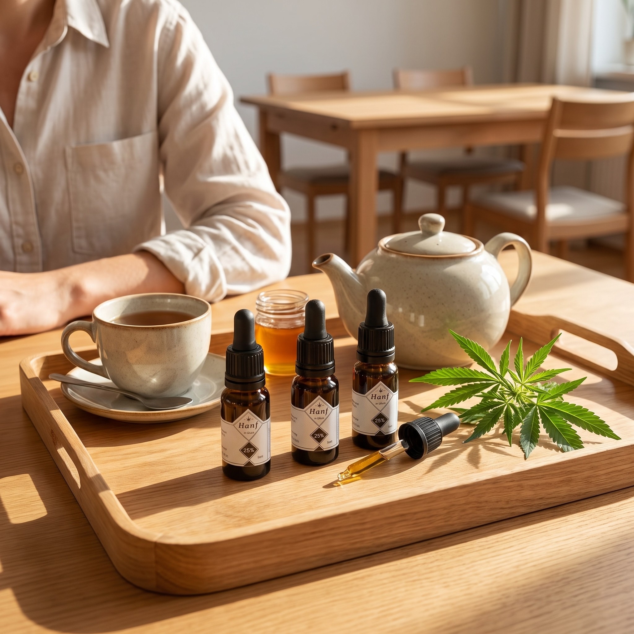 CBD Öl 25% Bundle – Drei CBD-Öl-Flaschen mit Tee und Hanfblatt auf einem Frühstückstablett