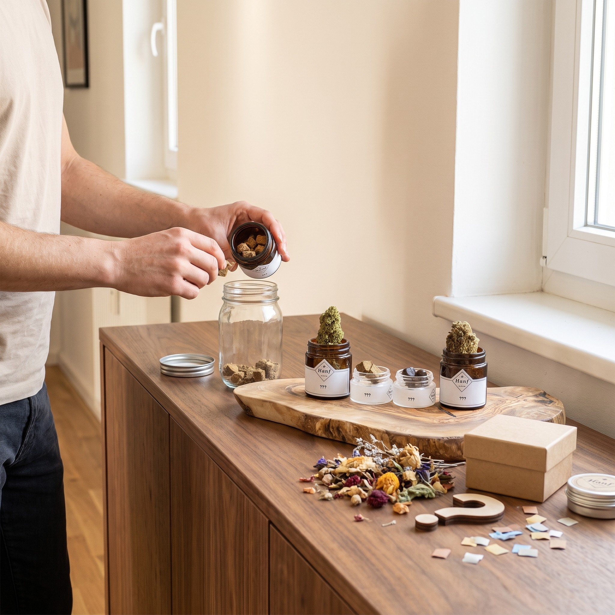Probierset Blüten & Pollinate Gemischt – Erwachsene Person füllt Pollinat aus dem Probierset in ein Vorratsglas auf einem Sid
