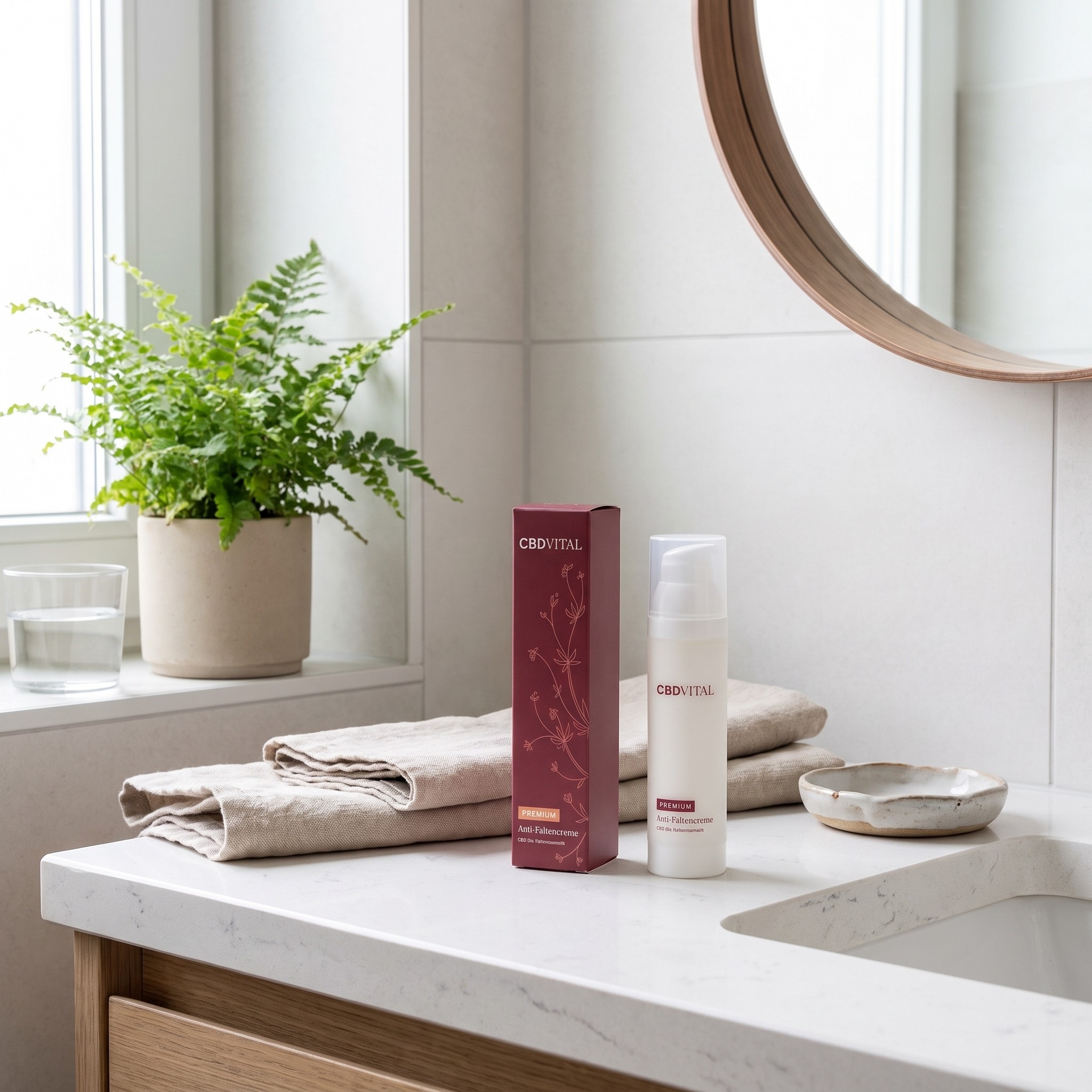 CBD Vital Anti-Faltencreme – CBD Vital Anti-Faltencreme steht auf einem hellen Badezimmer-Waschtisch