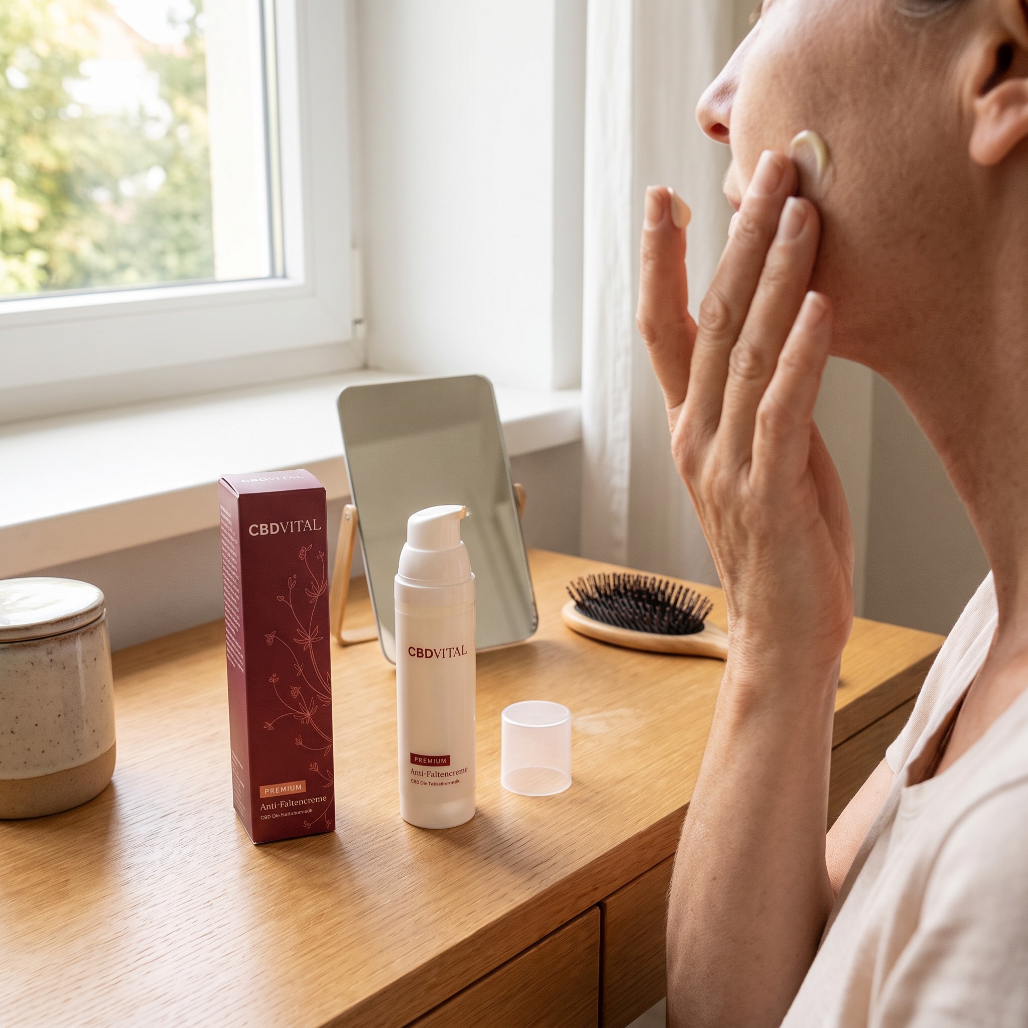 CBD Vital Anti-Faltencreme – Erwachsene trägt CBD Vital Anti-Faltencreme am Schminktisch auf
