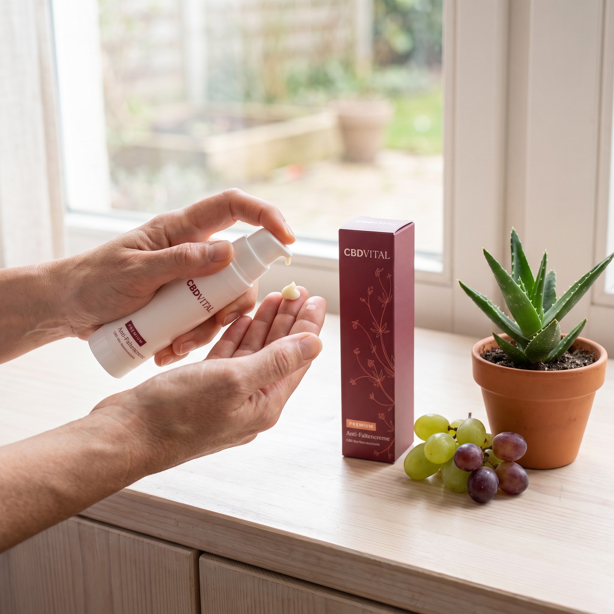 CBD Vital Anti-Faltencreme – Erwachsene dosiert Anti-Faltencreme am Fensterbrett neben Trauben und Aloe
