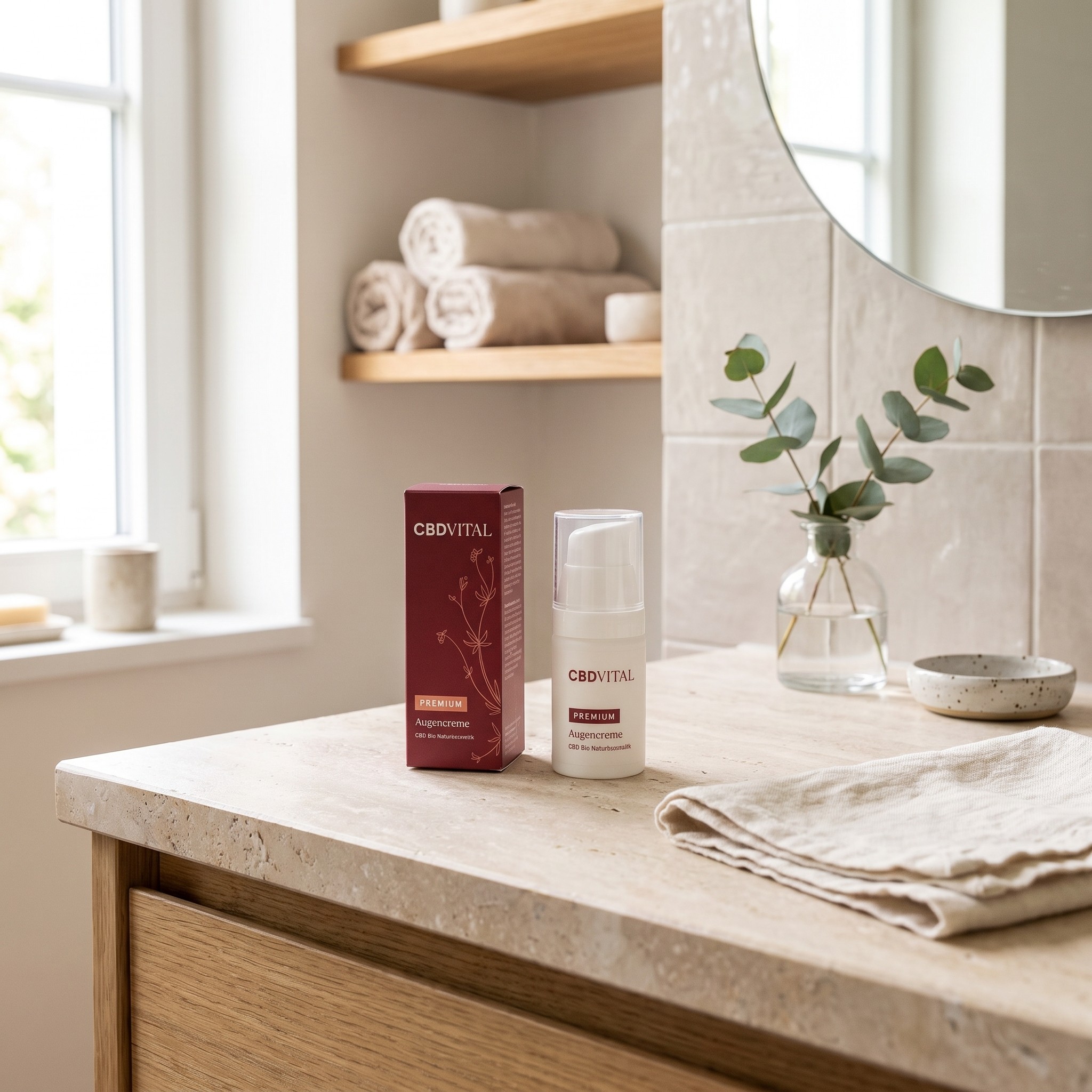 CBD Vital Augencreme – CBD Vital Augencreme steht auf einem hellen Badezimmer-Waschtisch