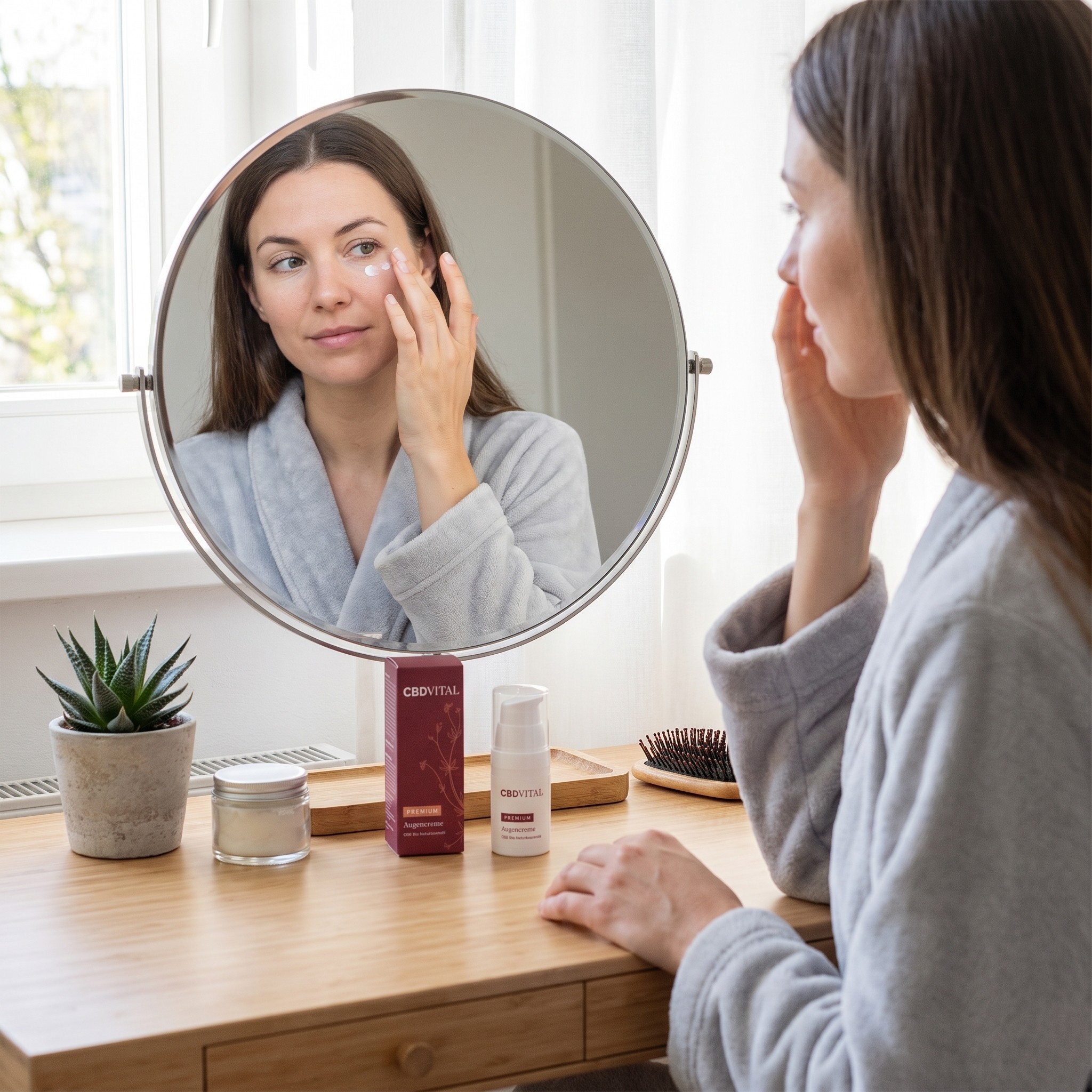 CBD Vital Augencreme – Erwachsene trägt CBD Vital Augencreme sanft um die Augenpartie auf