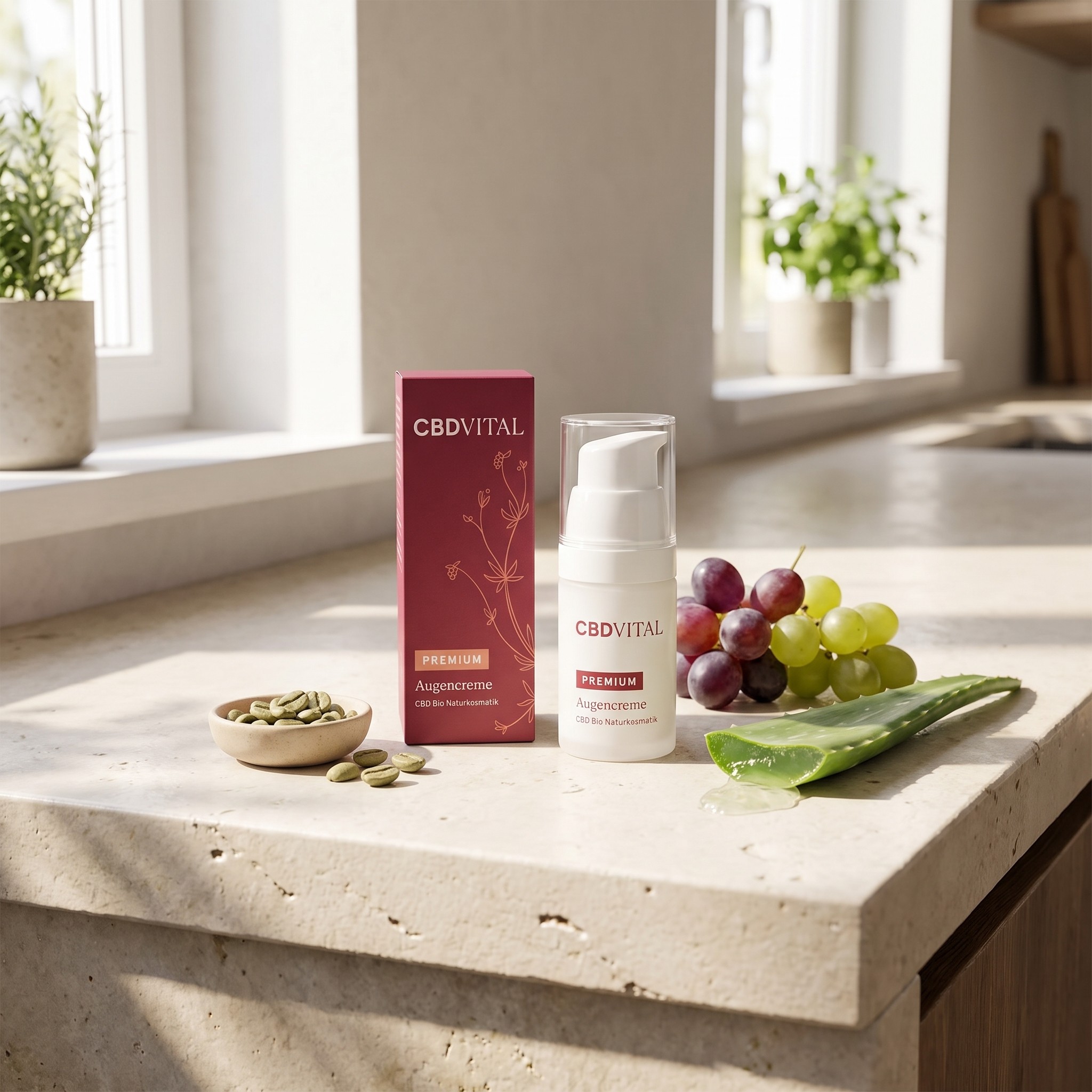CBD Vital Augencreme – CBD Vital Augencreme Stillleben mit Trauben und Kaffeebohnen am Fenster