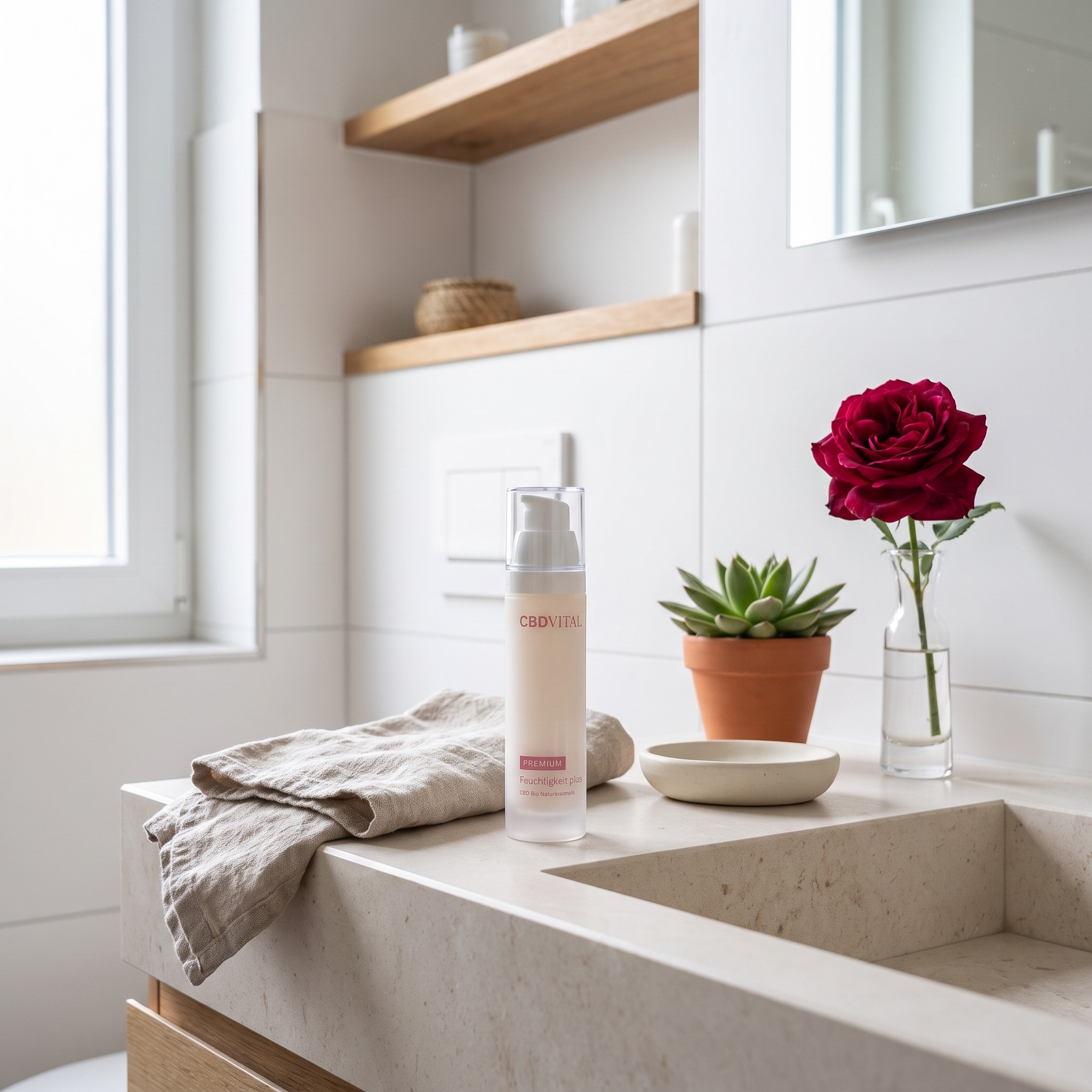 CBD Vital Feuchtigkeit plus – CBD Vital Feuchtigkeit plus steht auf einem hellen Badezimmer-Waschtisch