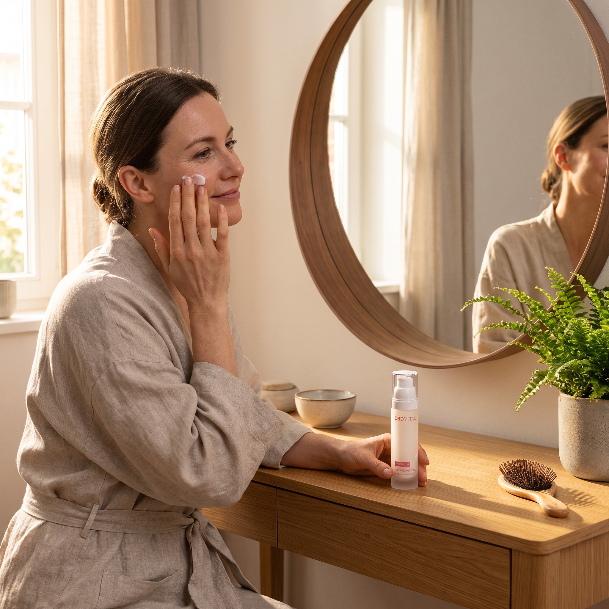 CBD Vital Feuchtigkeit plus – Erwachsene trägt CBD Vital Feuchtigkeit plus am Schminktisch auf