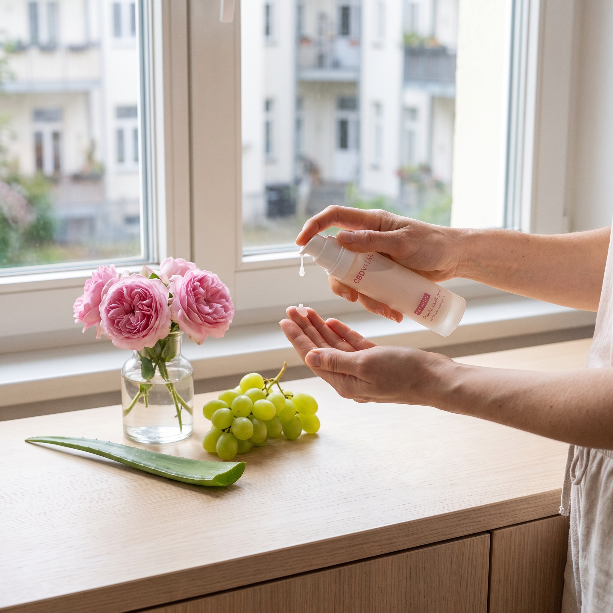 CBD Vital Feuchtigkeit plus – Erwachsene dosiert CBD Vital Feuchtigkeit plus am Fenster-Sideboard