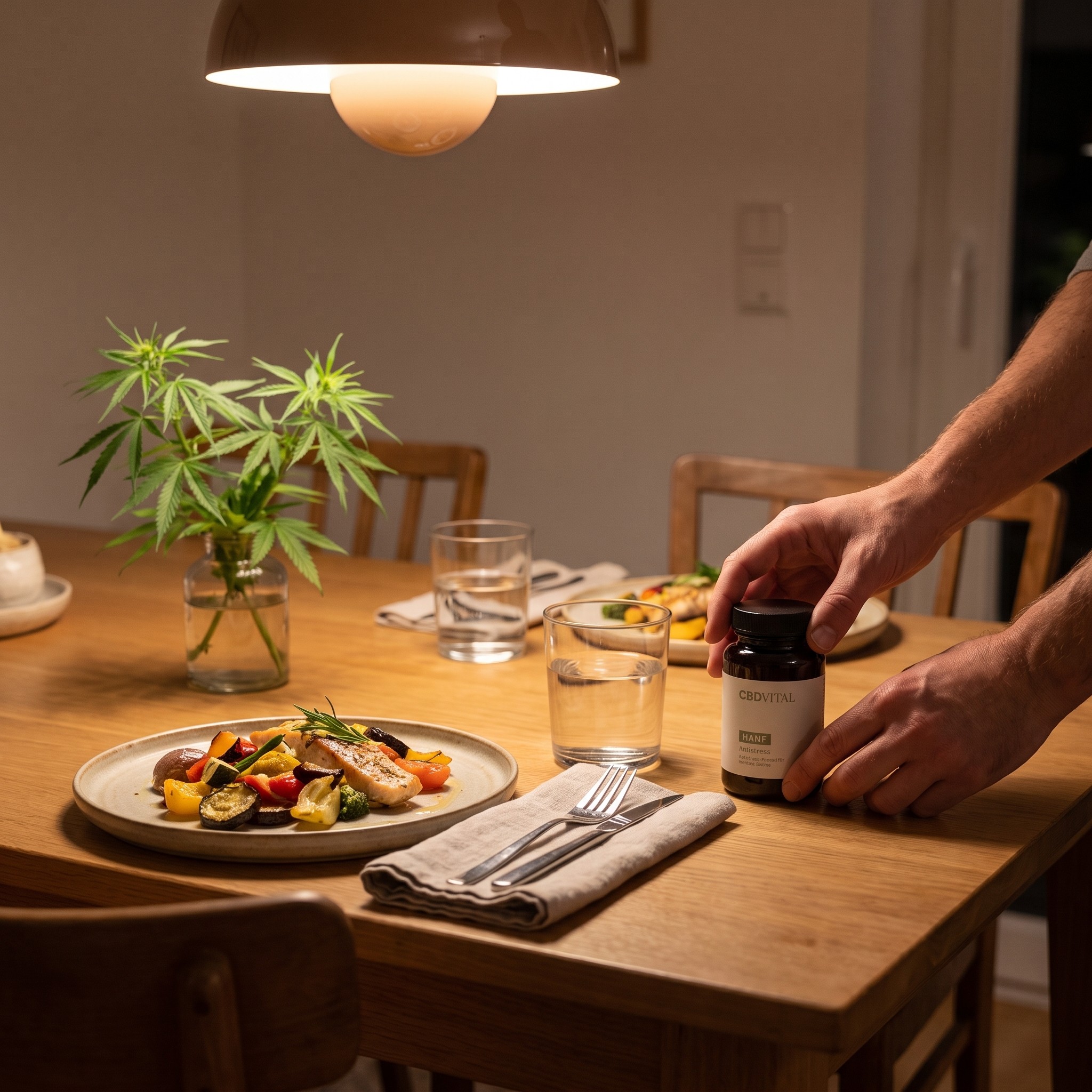 CBD Vital Hanf Antistress – Hanf-Antistress-Flasche neben Wasserglas und Abendessen auf dem Esstisch