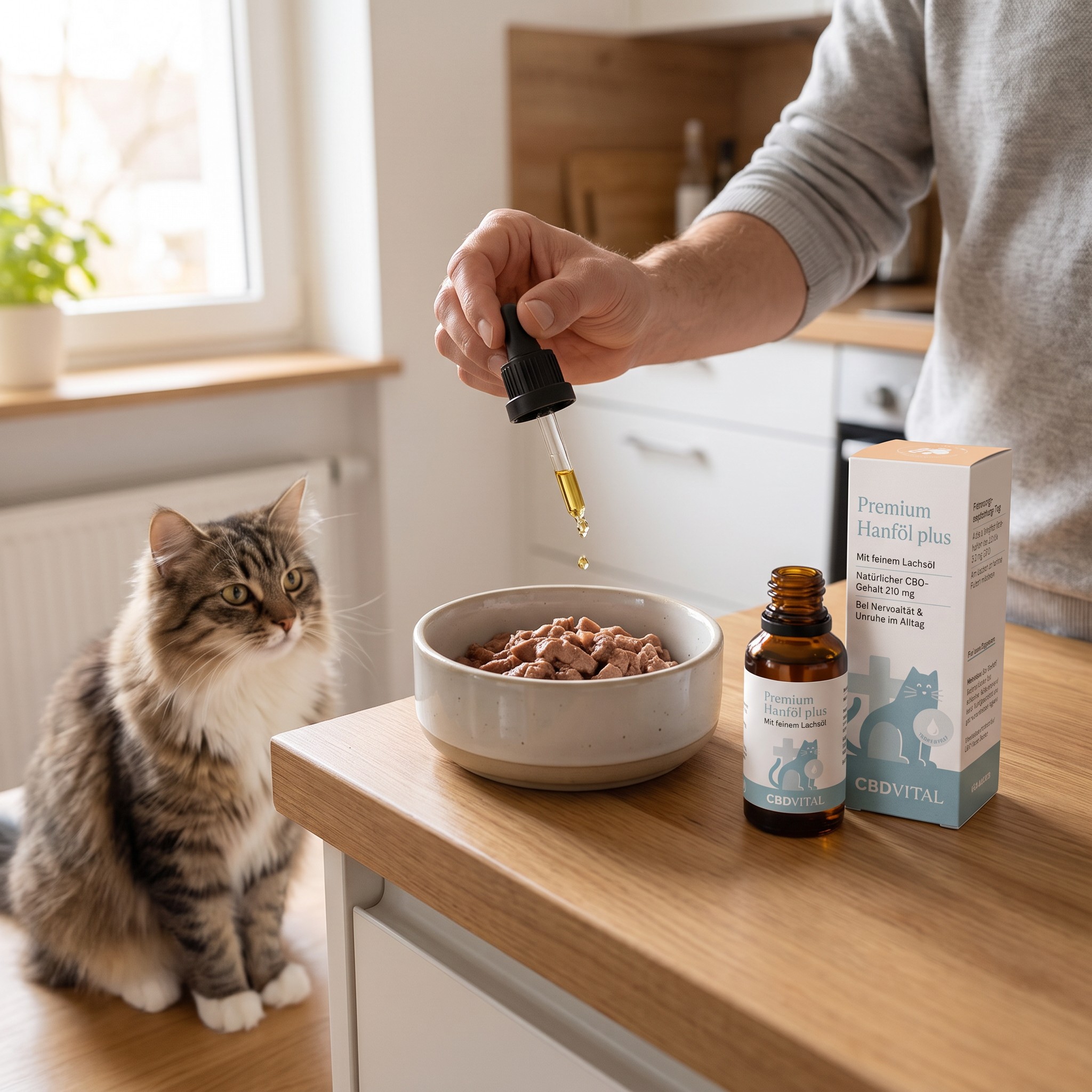 CBD Vital Hanföl für Katzen – Tropfen Hanföl werden unter das Katzenfutter gemischt