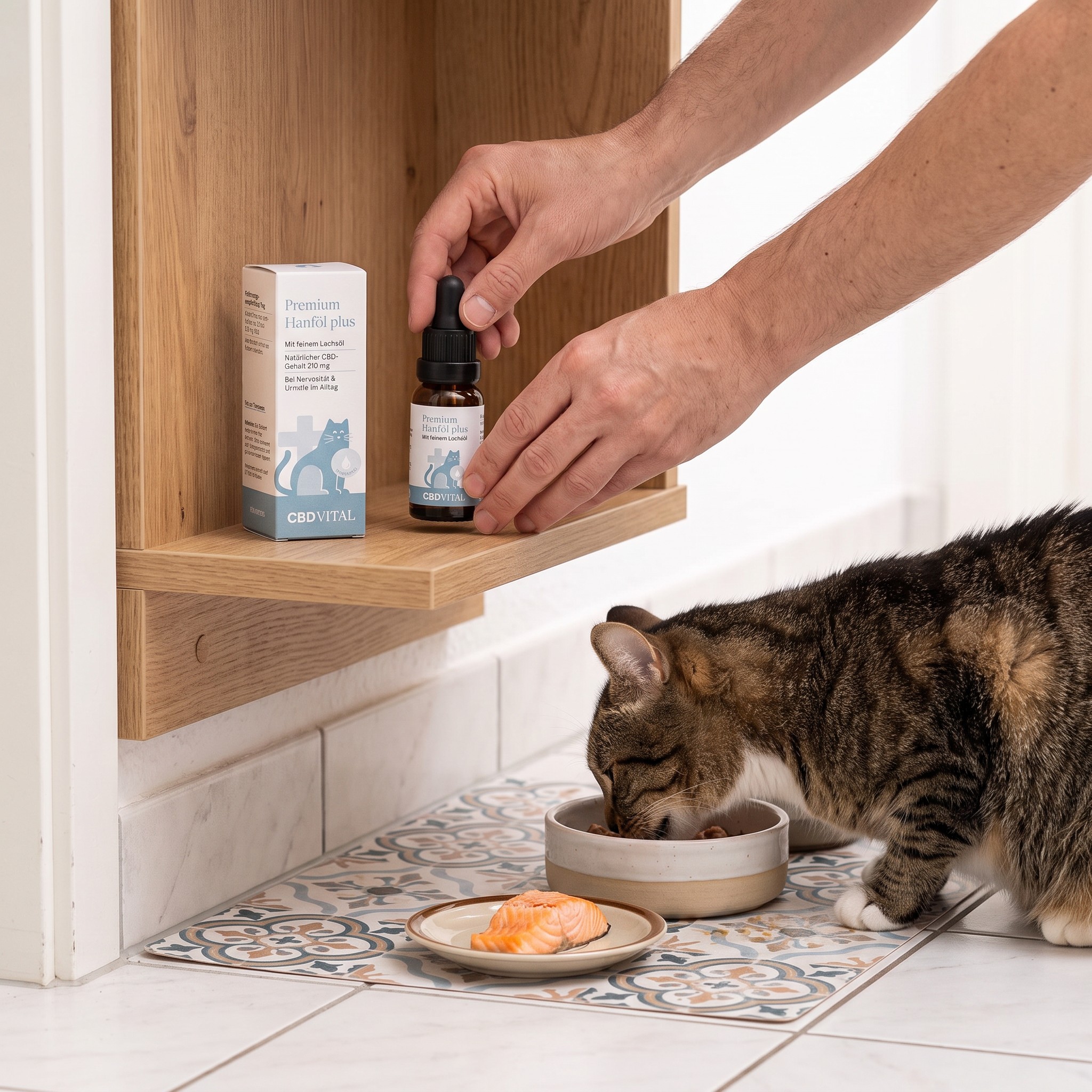 CBD Vital Hanföl für Katzen – Hanföl-Flasche für Katzen am Futterplatz im Flur