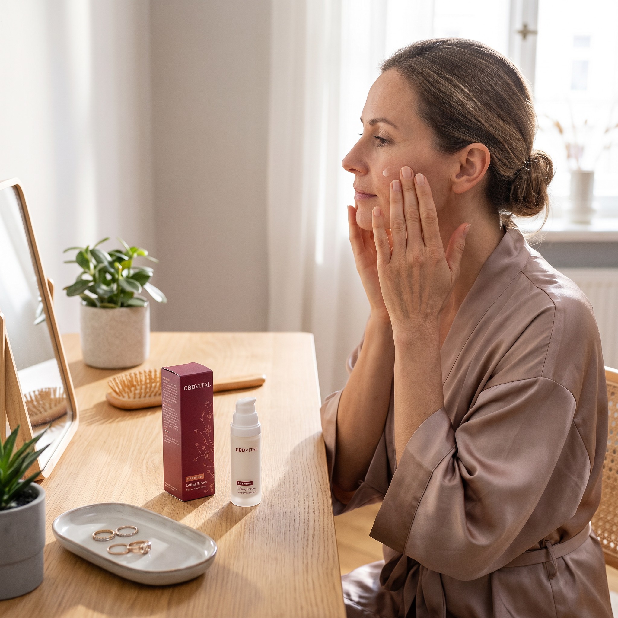 CBD Vital Lifting Serum – Erwachsene Person trägt das Lifting Serum am Schminktisch auf