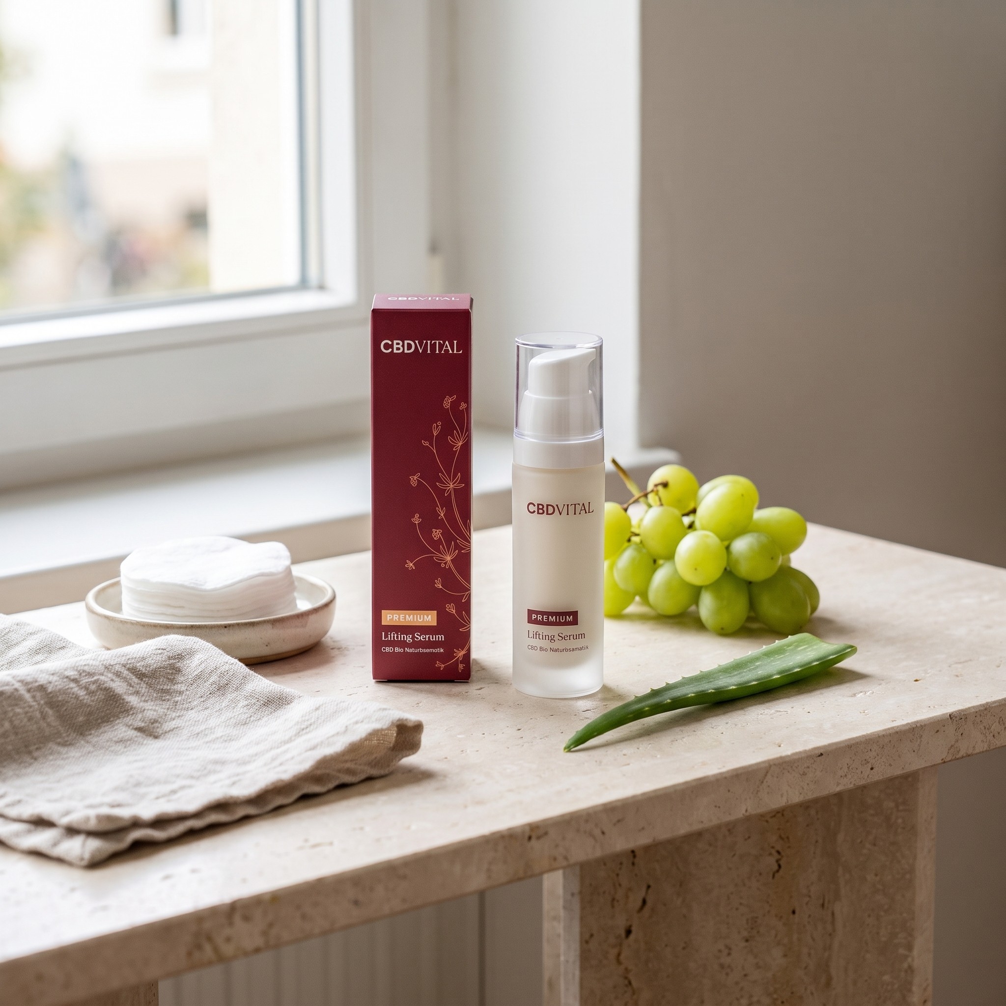 CBD Vital Lifting Serum – Lifting Serum Stillleben mit Trauben und Aloe am Fensterbord