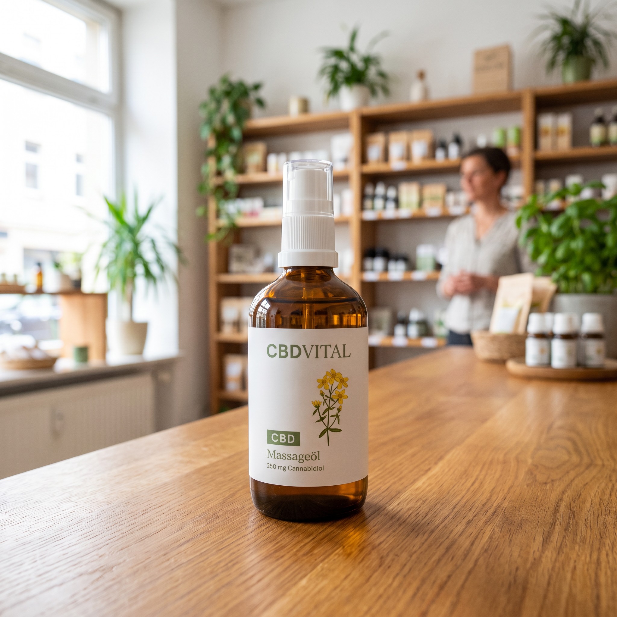 CBD Vital Massageöl – CBD Vital Massageöl steht auf der Holztheke eines Hanf-Fachgeschäfts