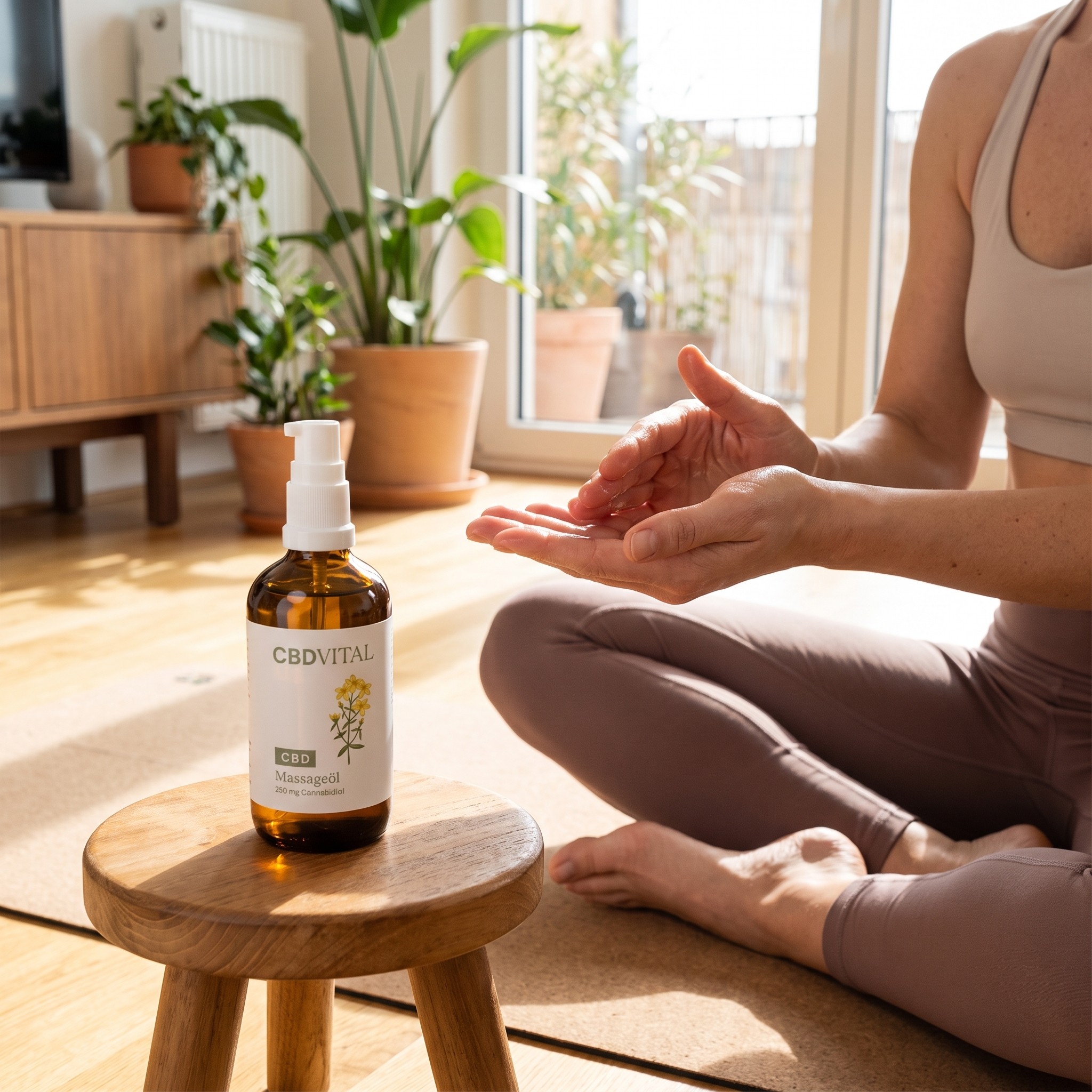 CBD Vital Massageöl – Erwachsene wärmt CBD-Massageöl nach dem Sport zwischen den Handflächen