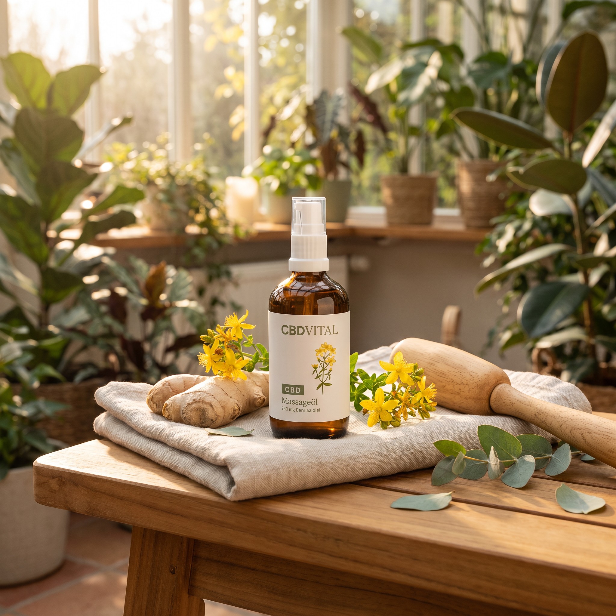 CBD Vital Massageöl – CBD Vital Massageöl im Spa-Stillleben mit Ingwer und Johanniskraut