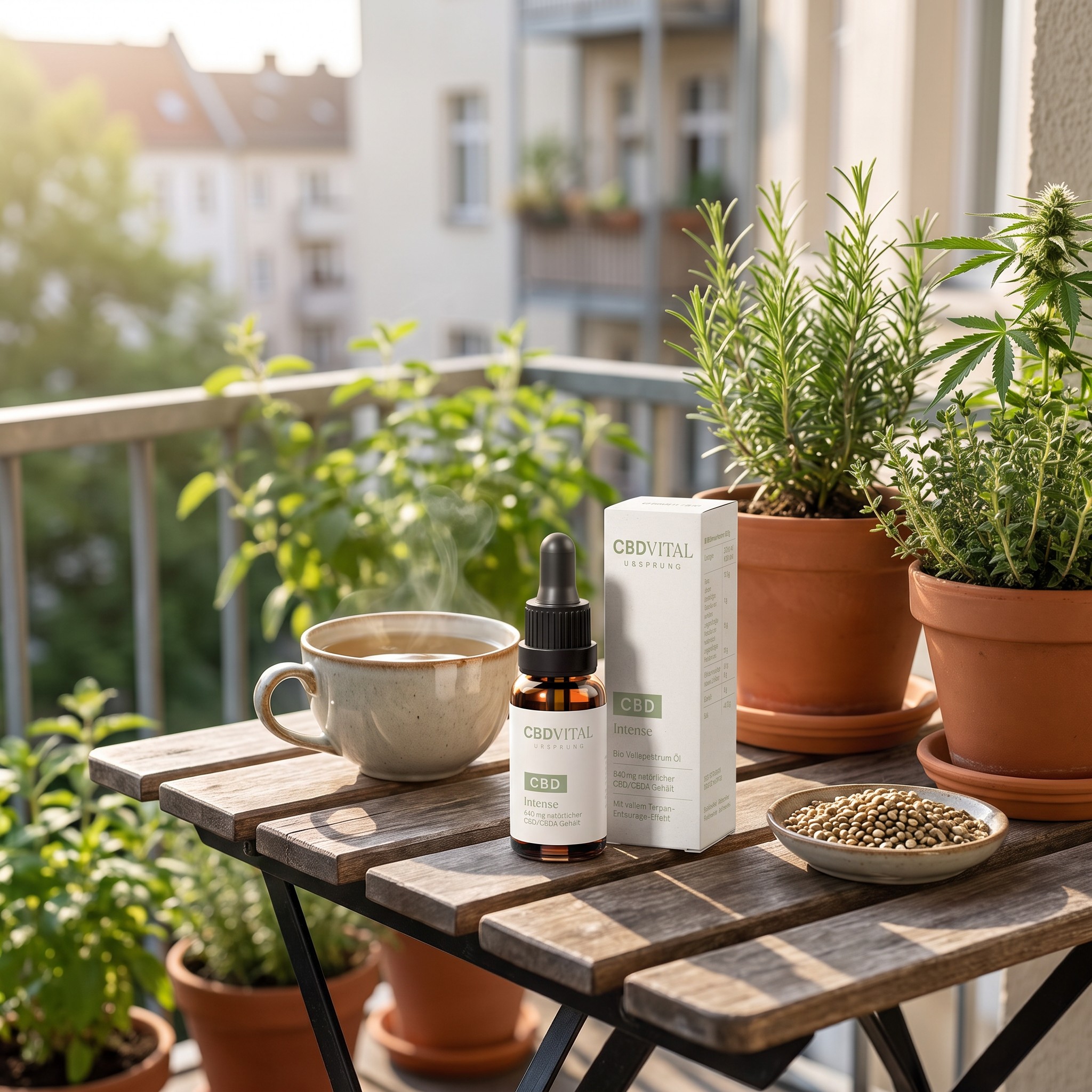 CBD Vital Vollspektrum Öl URSPRUNG – CBD Vital Vollspektrum Öl auf dem Balkontisch neben Kräutertee und Hanfsamen