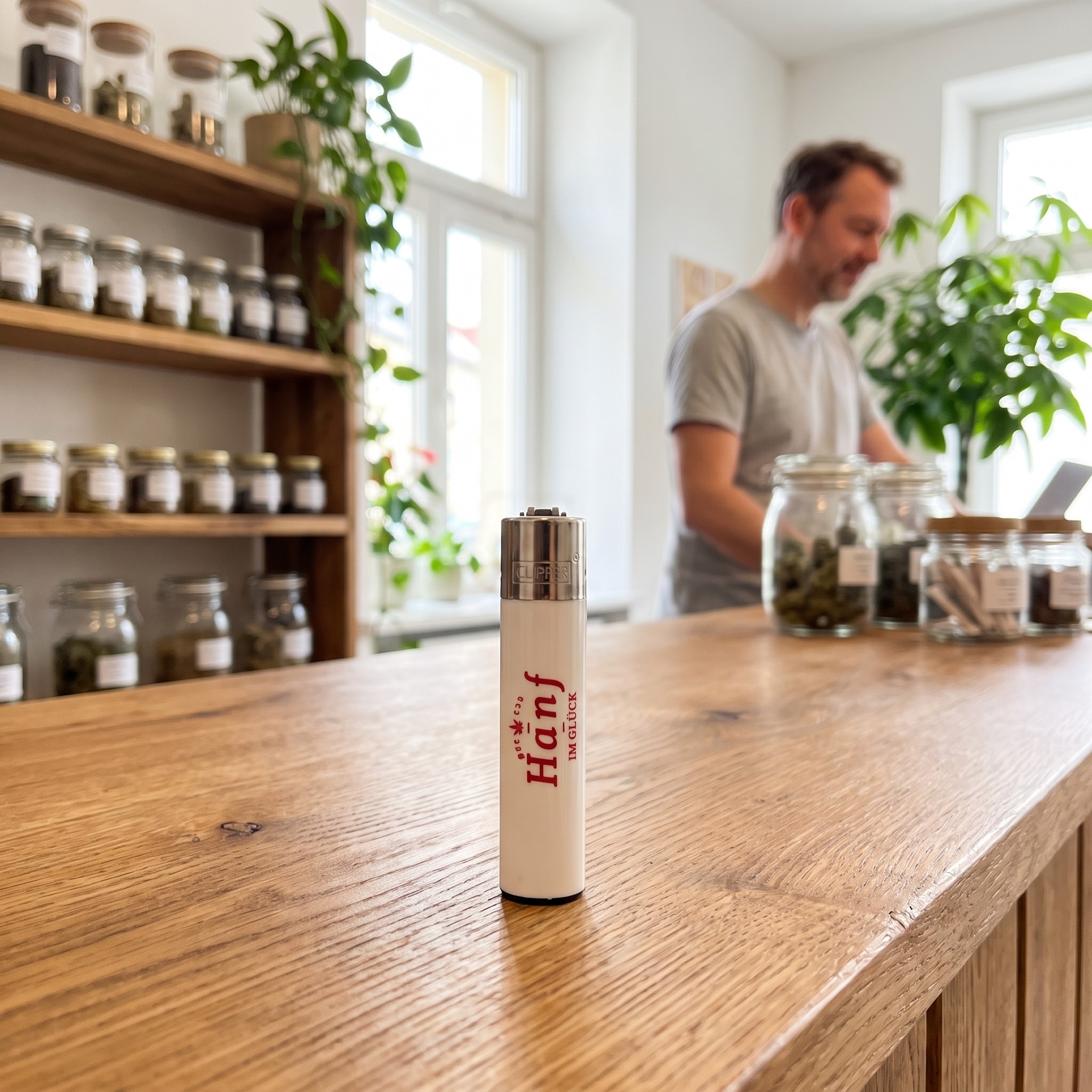Hanf im Glück Clipper Feuerzeug – Clipper Feuerzeug von Hanf im Glück auf der Holztheke eines Fachgeschäfts
