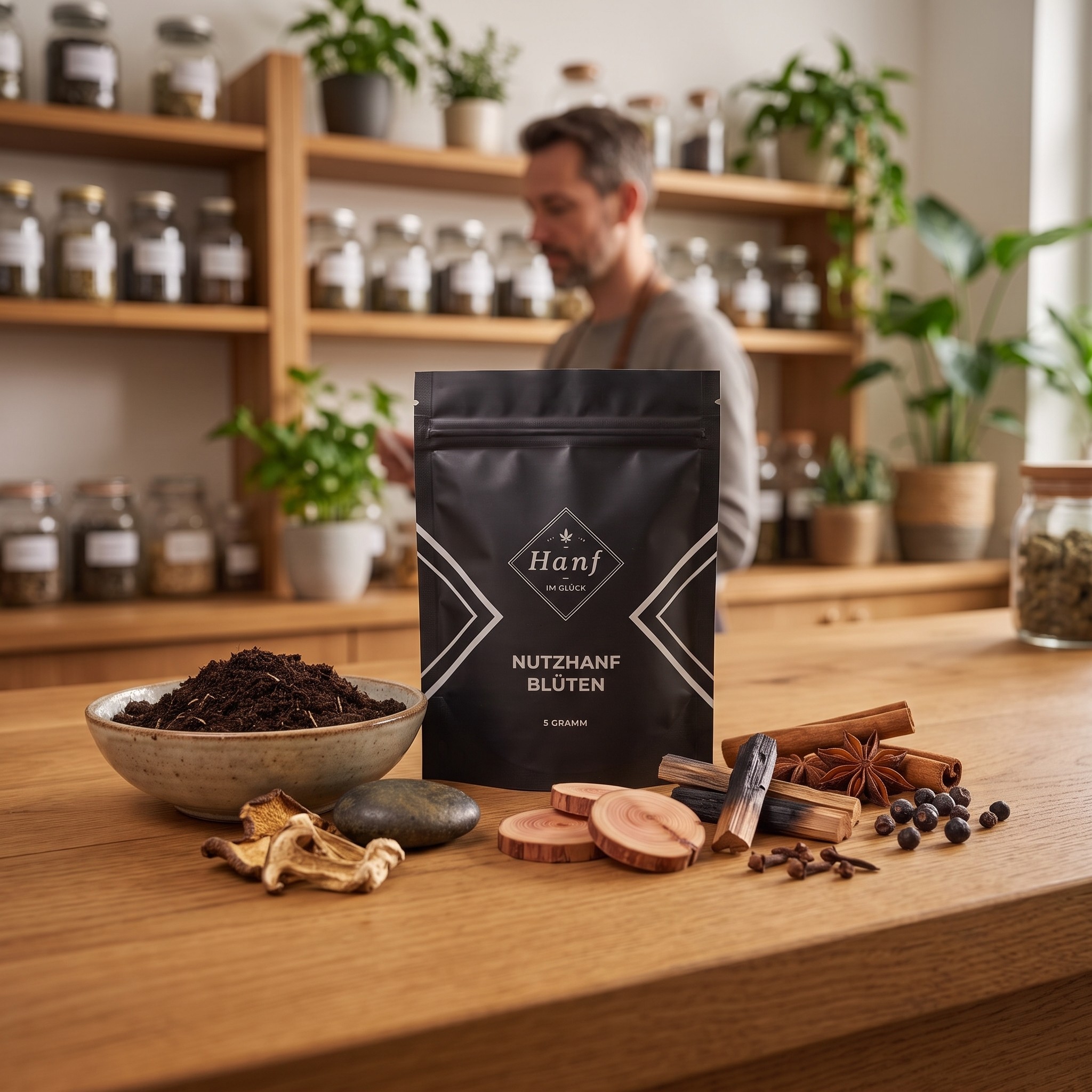 Critical OG Economy Line – Critical OG Beutel auf der Holzteke eines Hanf-Fachgeschäfts neben Erde, Holz und Gewürzen