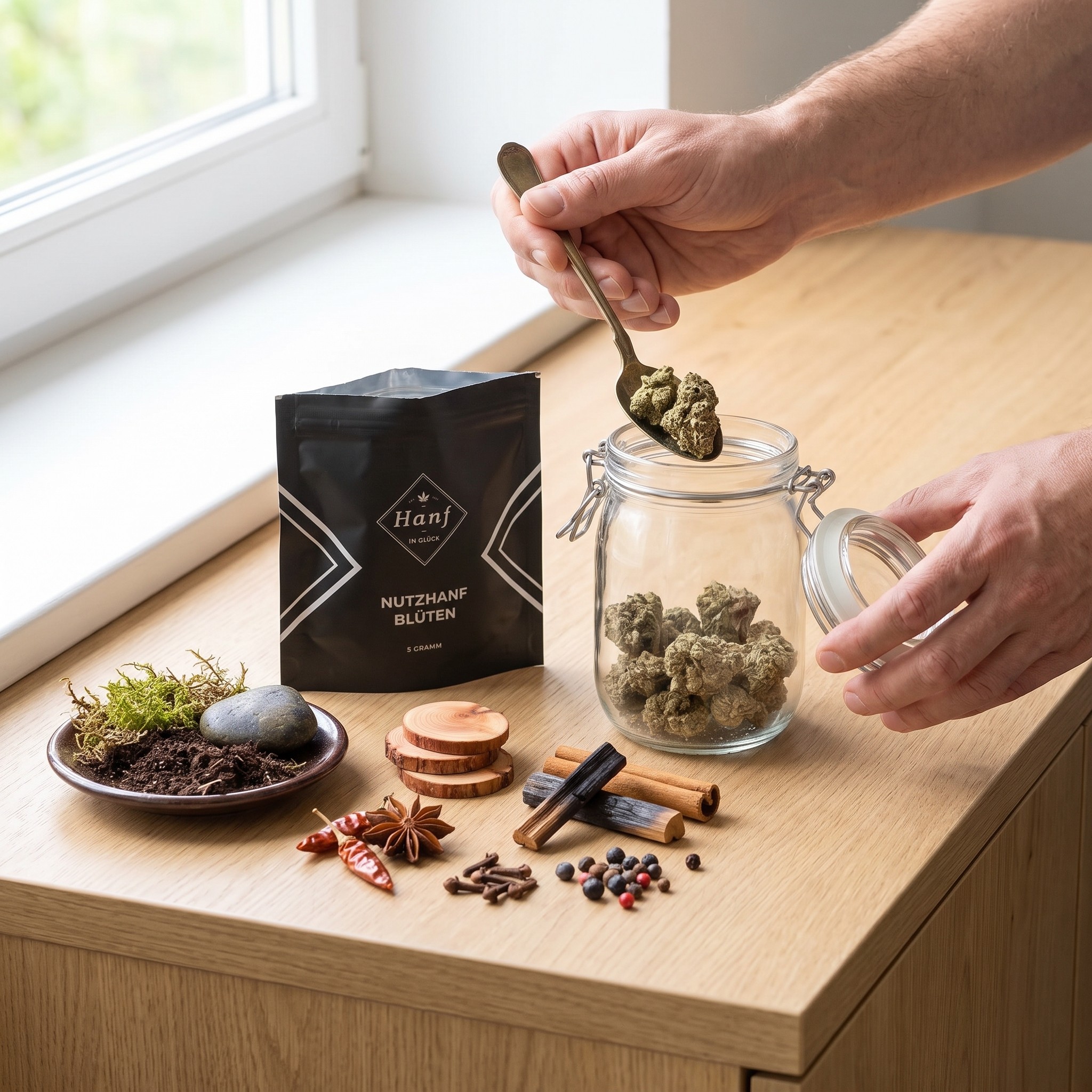 Critical OG Economy Line – Critical OG Blüten werden am Fensterbuffet in ein Vorratsglas gefüllt