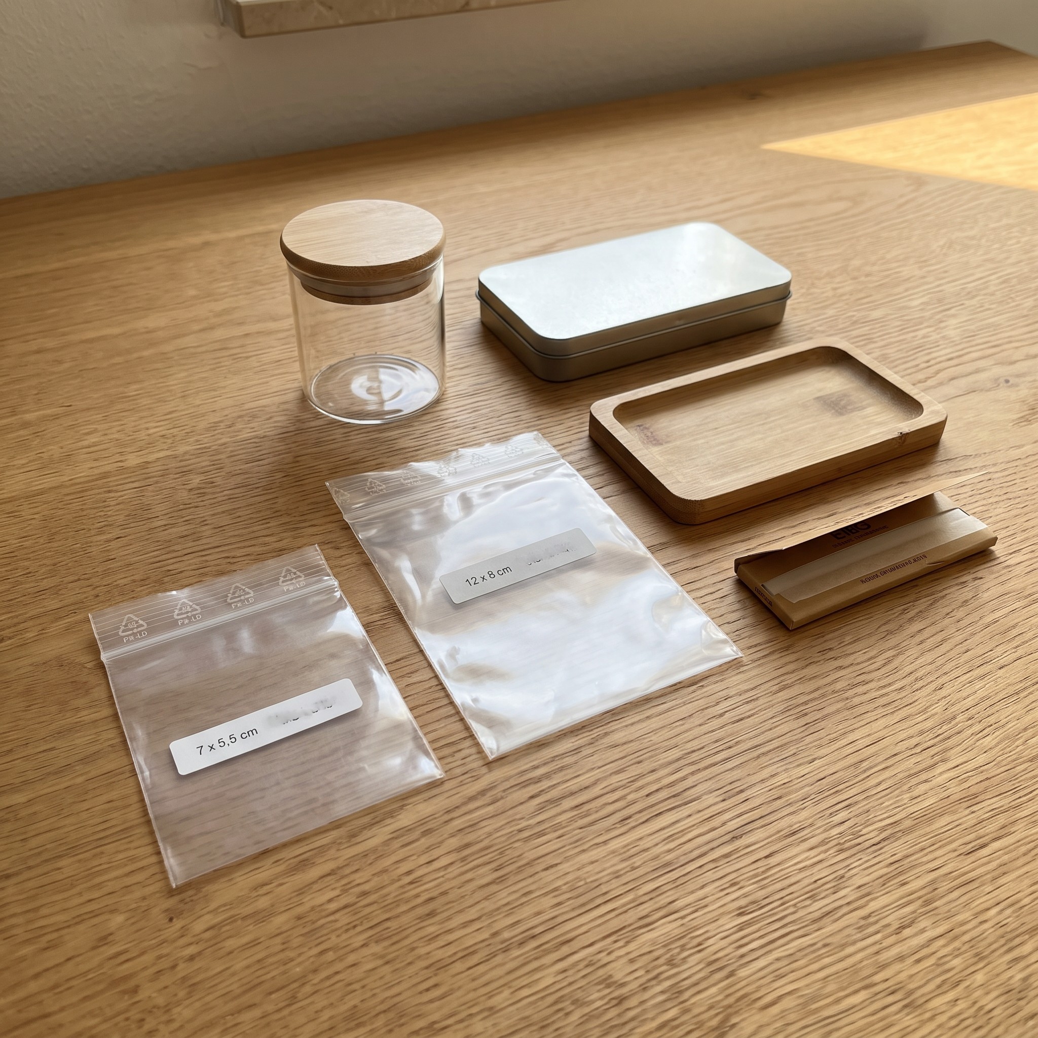 Druckverschlussbeutel – Zwei Druckverschlussbeutel neben Glas und Dose auf einem Schreibtisch