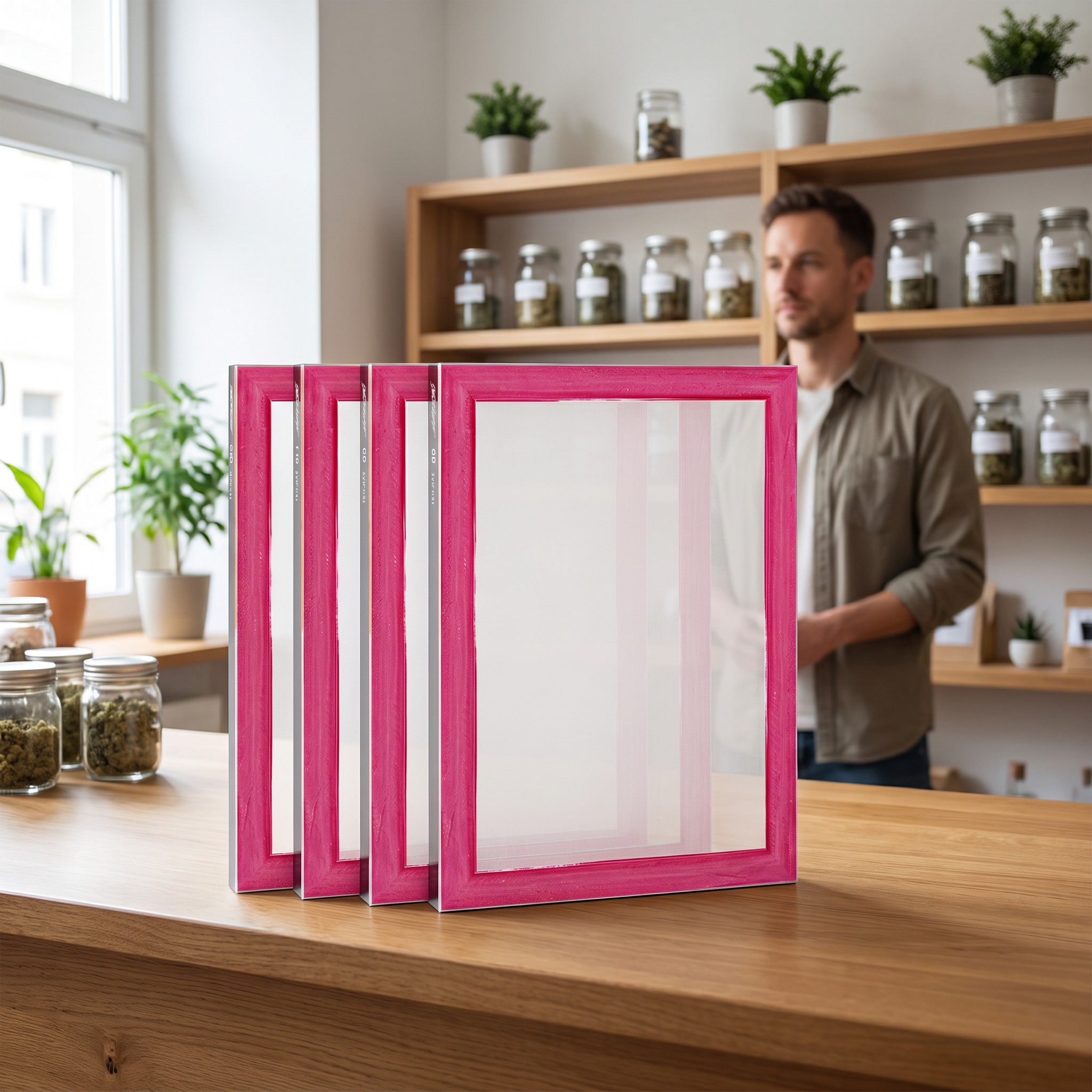 Drysift Sieb Set 4-teilig – Vierteiliges Drysift-Siebset auf der Holztheke eines Hanf-Fachgeschäfts