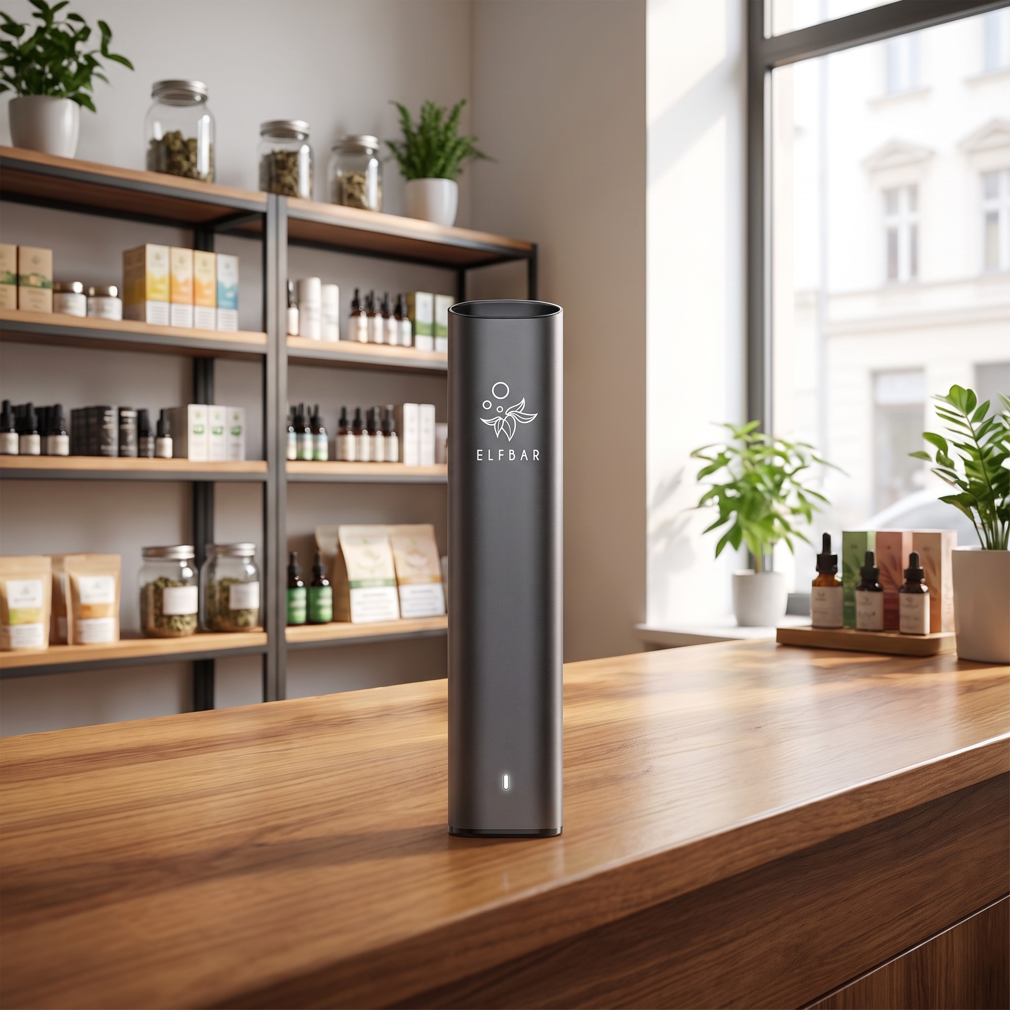 ELFBAR ELFA Pen Akku für Pods – ELFBAR ELFA Pen Akku steht auf der Holztheke eines Fachgeschäfts
