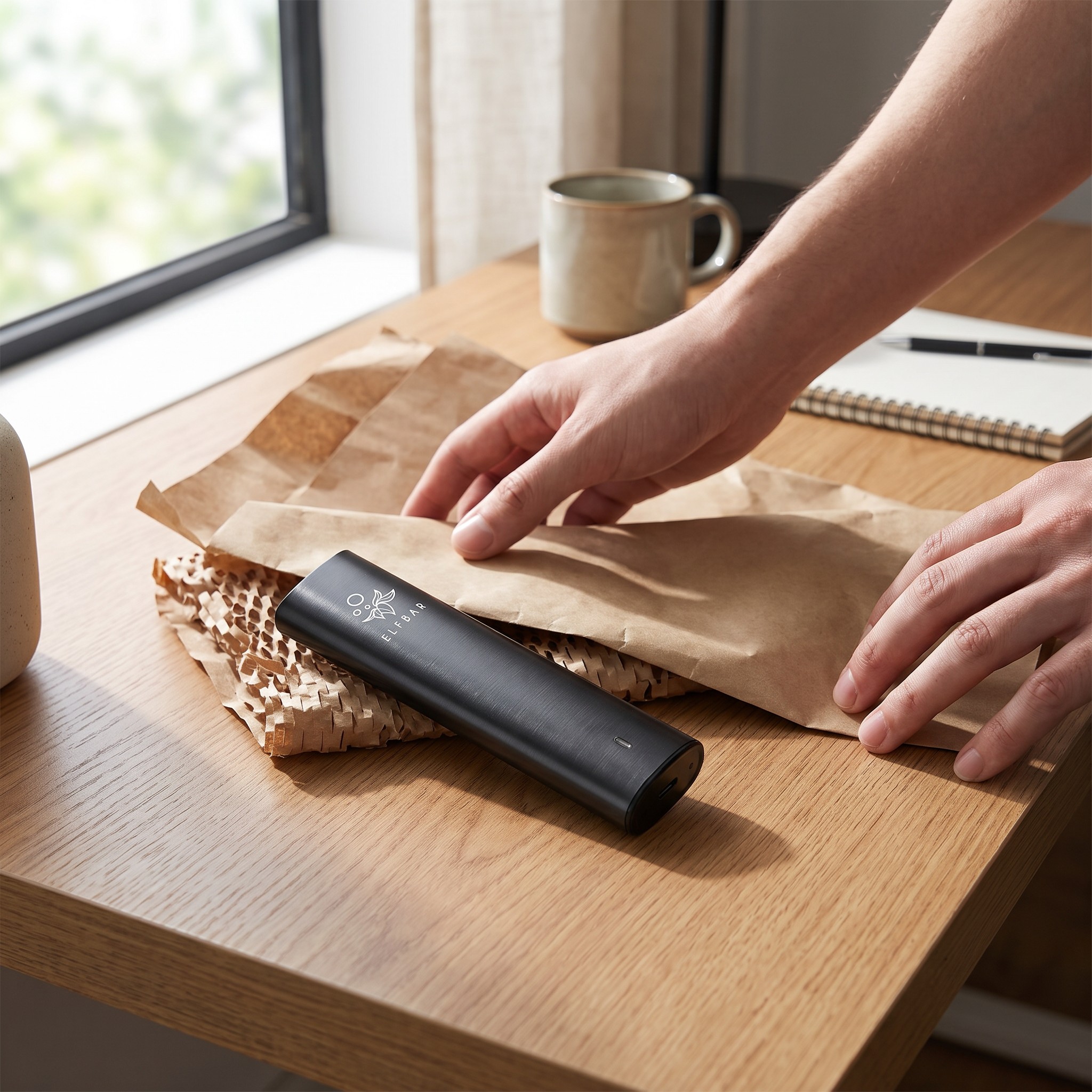 ELFBAR ELFA Pen Akku für Pods – Erwachsener legt den ELFBAR ELFA Pen Akku nach dem Auspacken auf den Schreibtisch