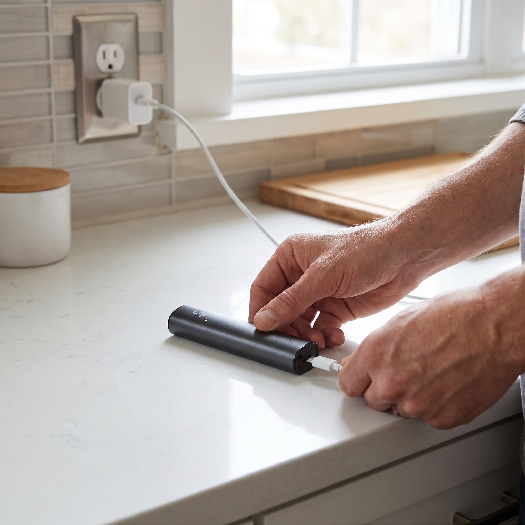 ELFBAR ELFA Pen Akku für Pods – ELFBAR ELFA Pen Akku wird an der Küchenzeile mit USB-C-Kabel verbunden