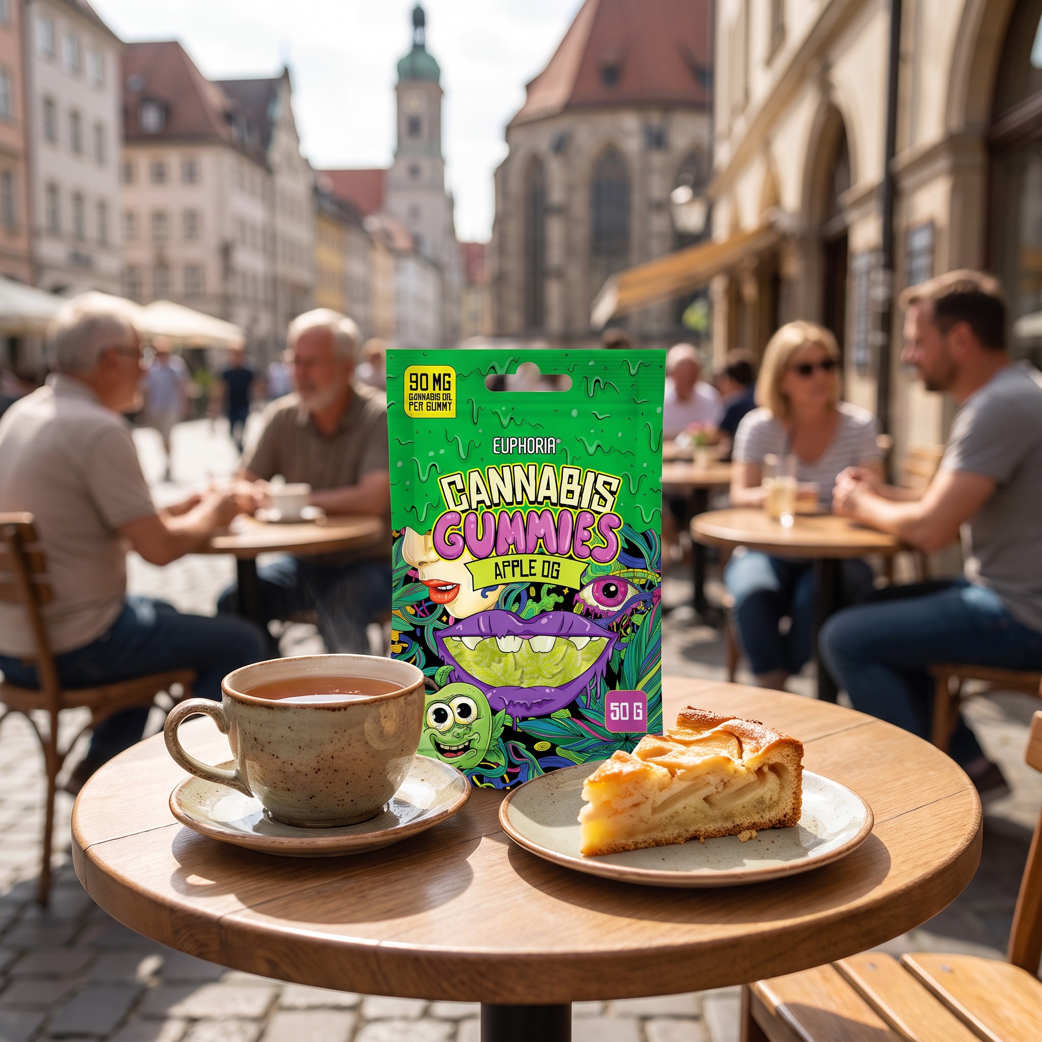 Euphoria Cannabis Fruchtgummis – Euphoria Cannabis Fruchtgummis auf einem Café-Terrassentisch